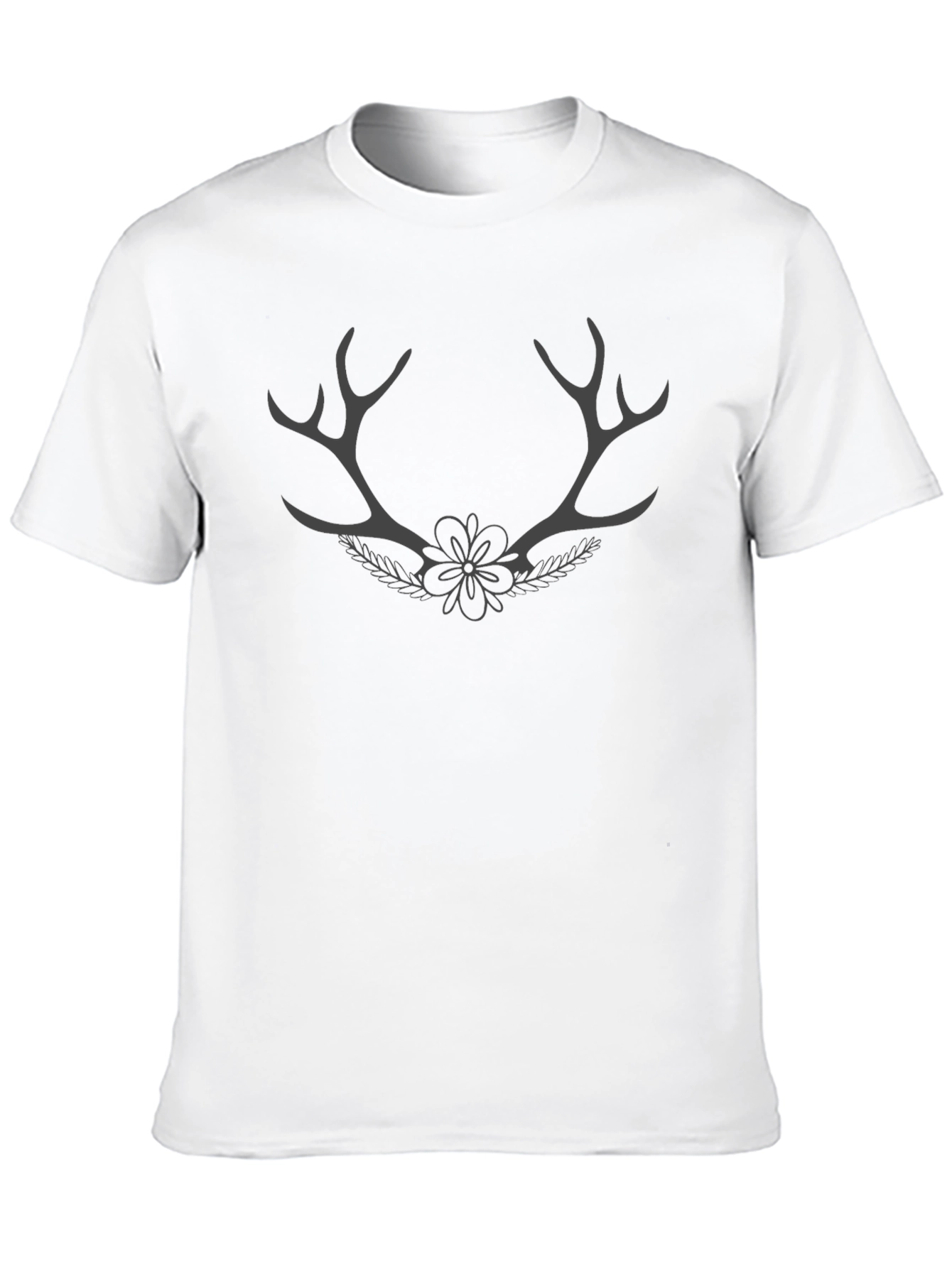 Black Men's Graphic Tee - Antler and Floral Design - Casual Cotton Top view 10