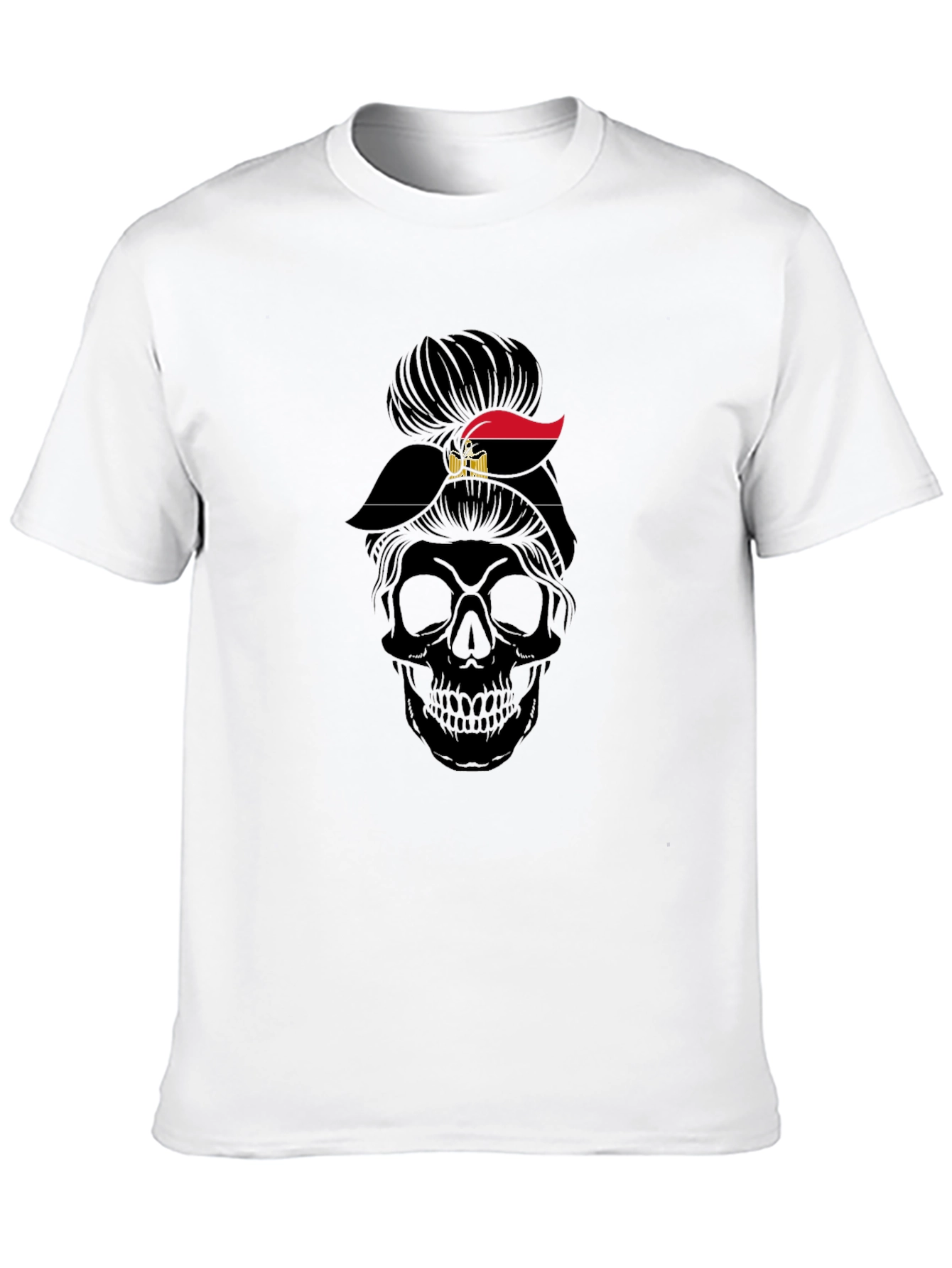 Black Skull Messy Bun Egypt Flag T-Shirt view 10