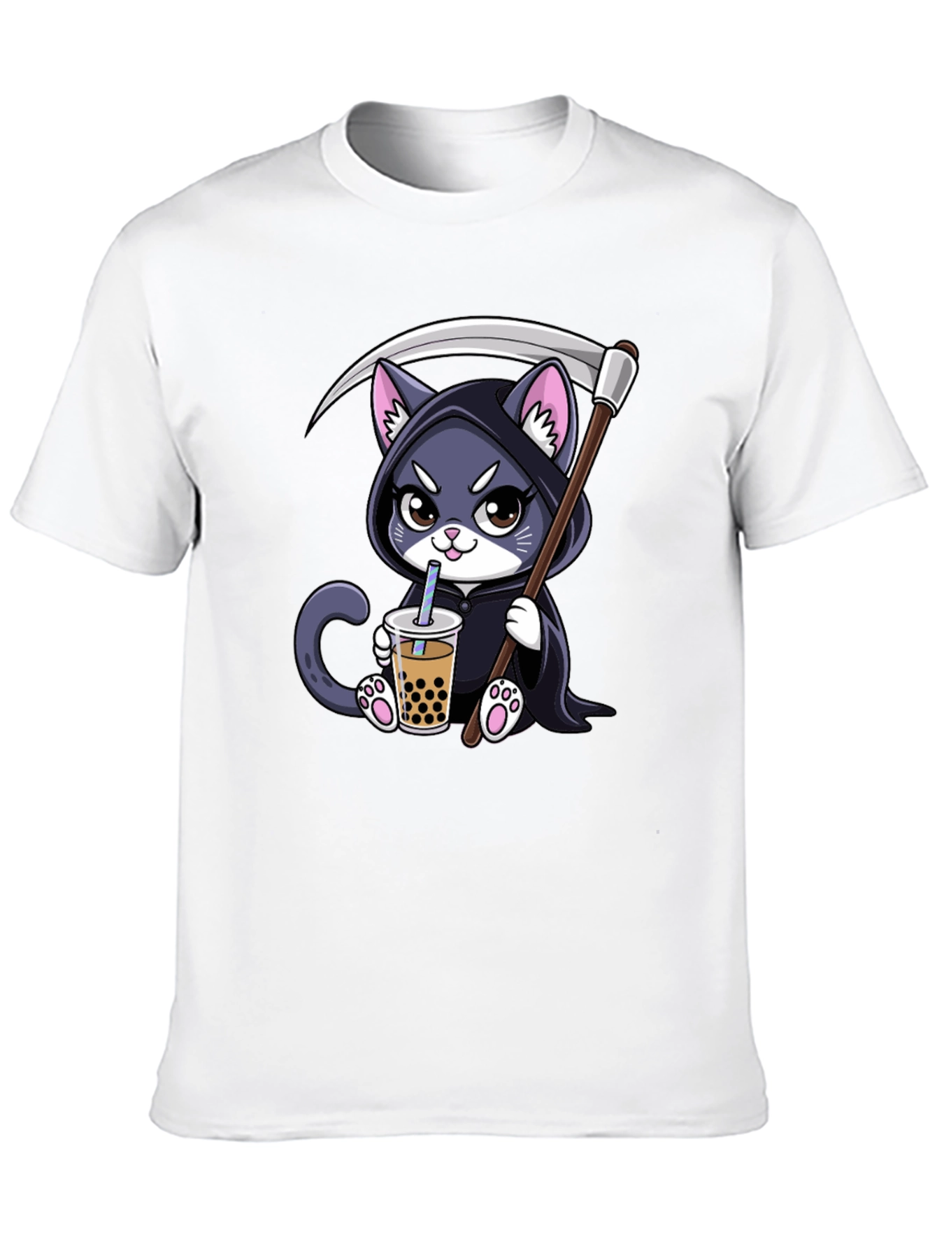 Black Grim Reaper Kitty Boba Tea T-Shirt view 10