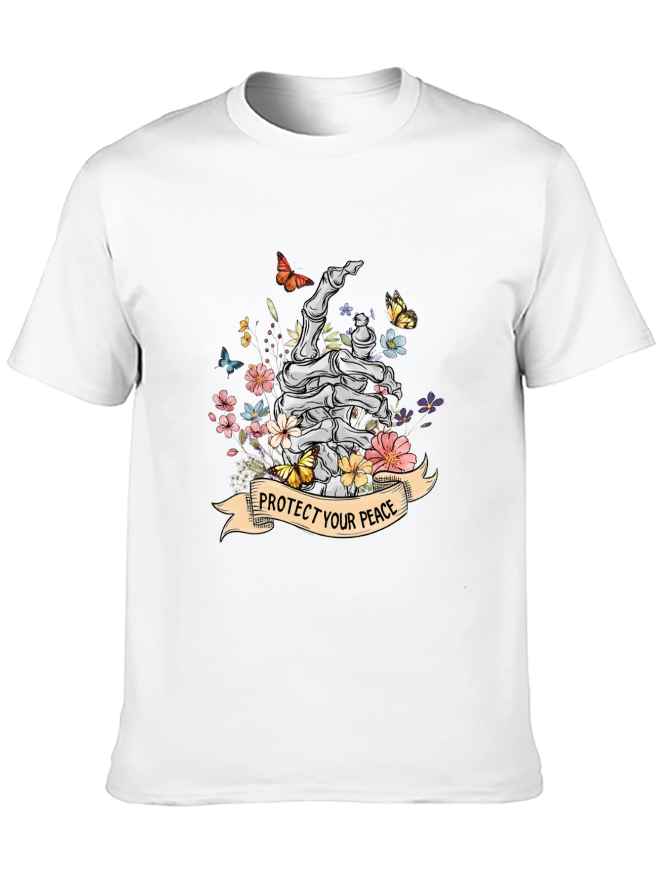 Black Protect Your Peace Floral Skeleton Hand T-Shirt view 10