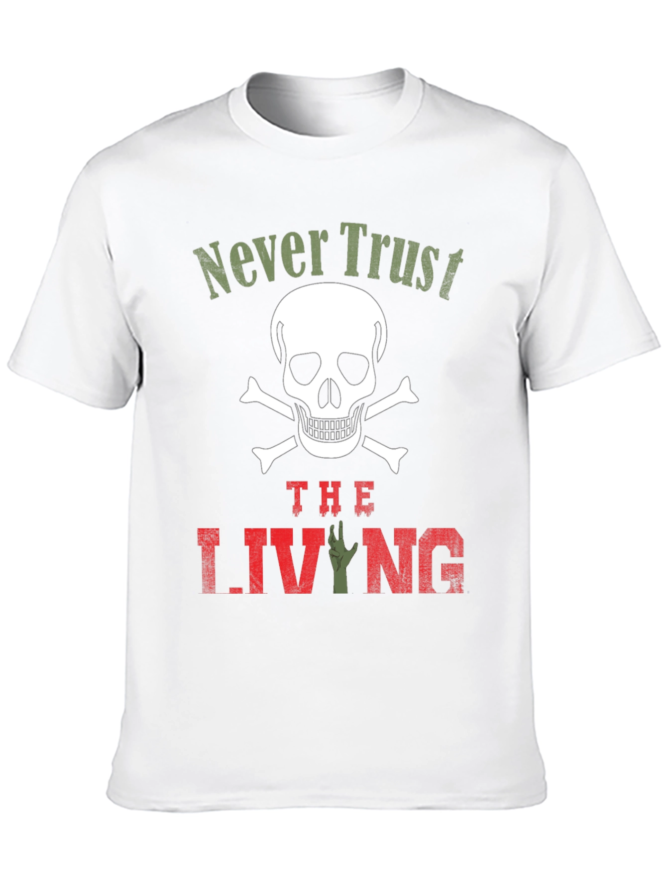 Black Never Trust the Living T-Shirt - Skull & Zombie Hand Design view 10