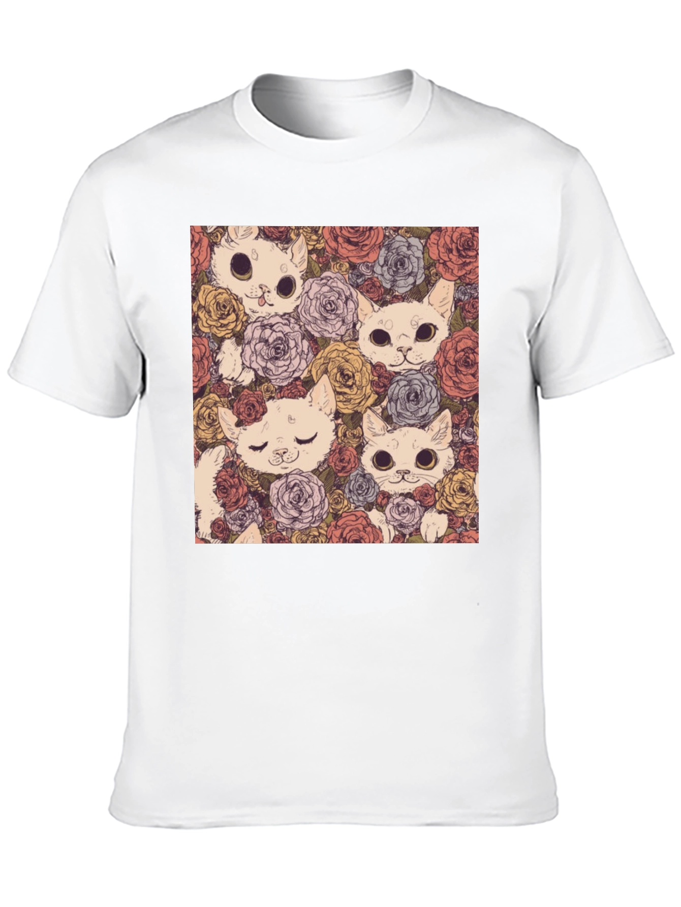 Black Floral Cat Print Black T-Shirt view 10