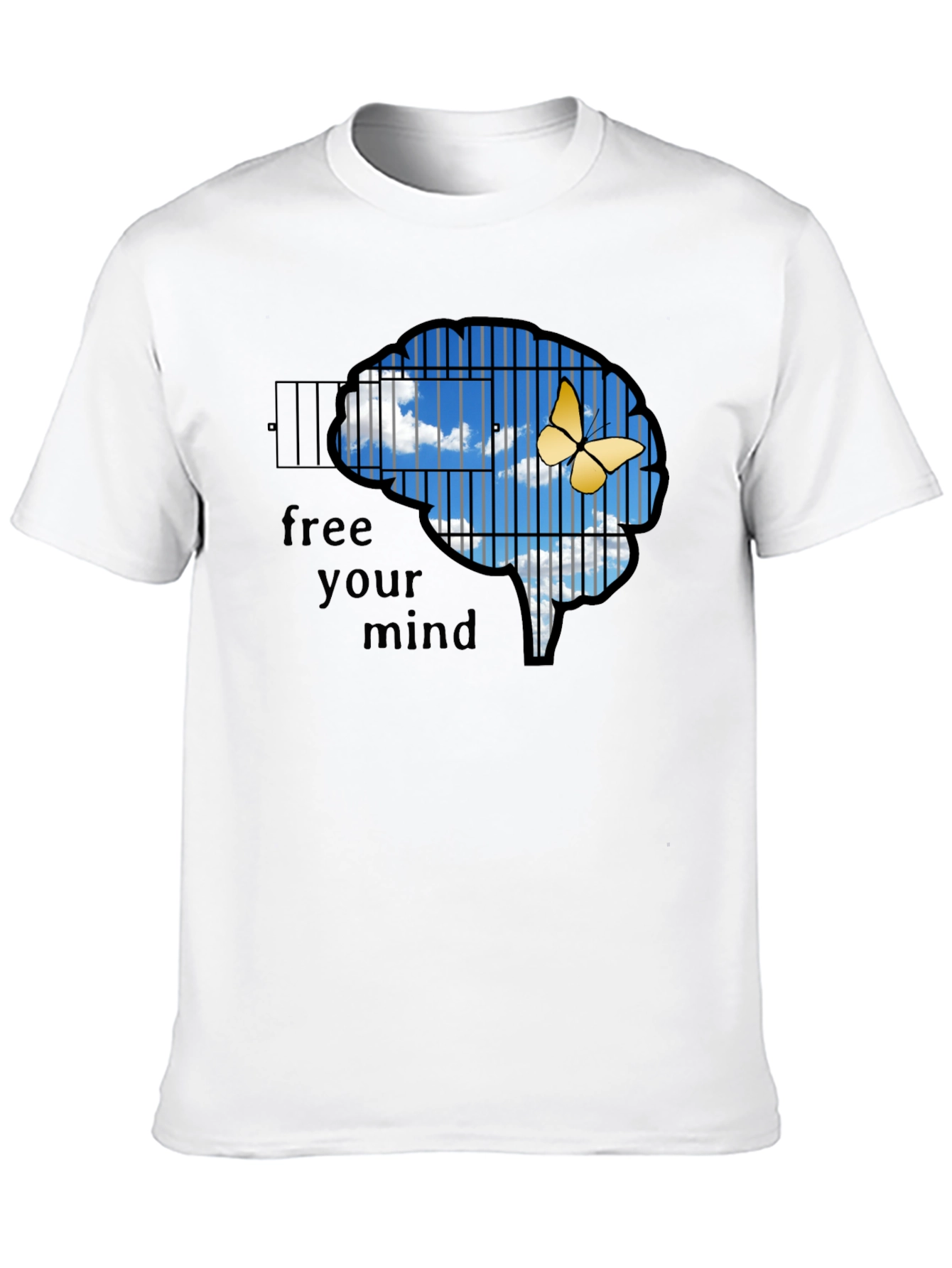 Black Free Your Mind T-Shirt: Brain Cage & Butterfly Graphic Tee view 10
