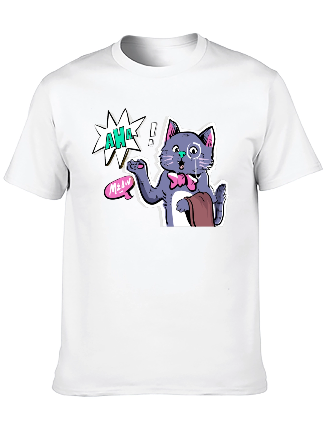 Black AHA! Monocled Cat Tee - Quirky Cartoon Style view 10