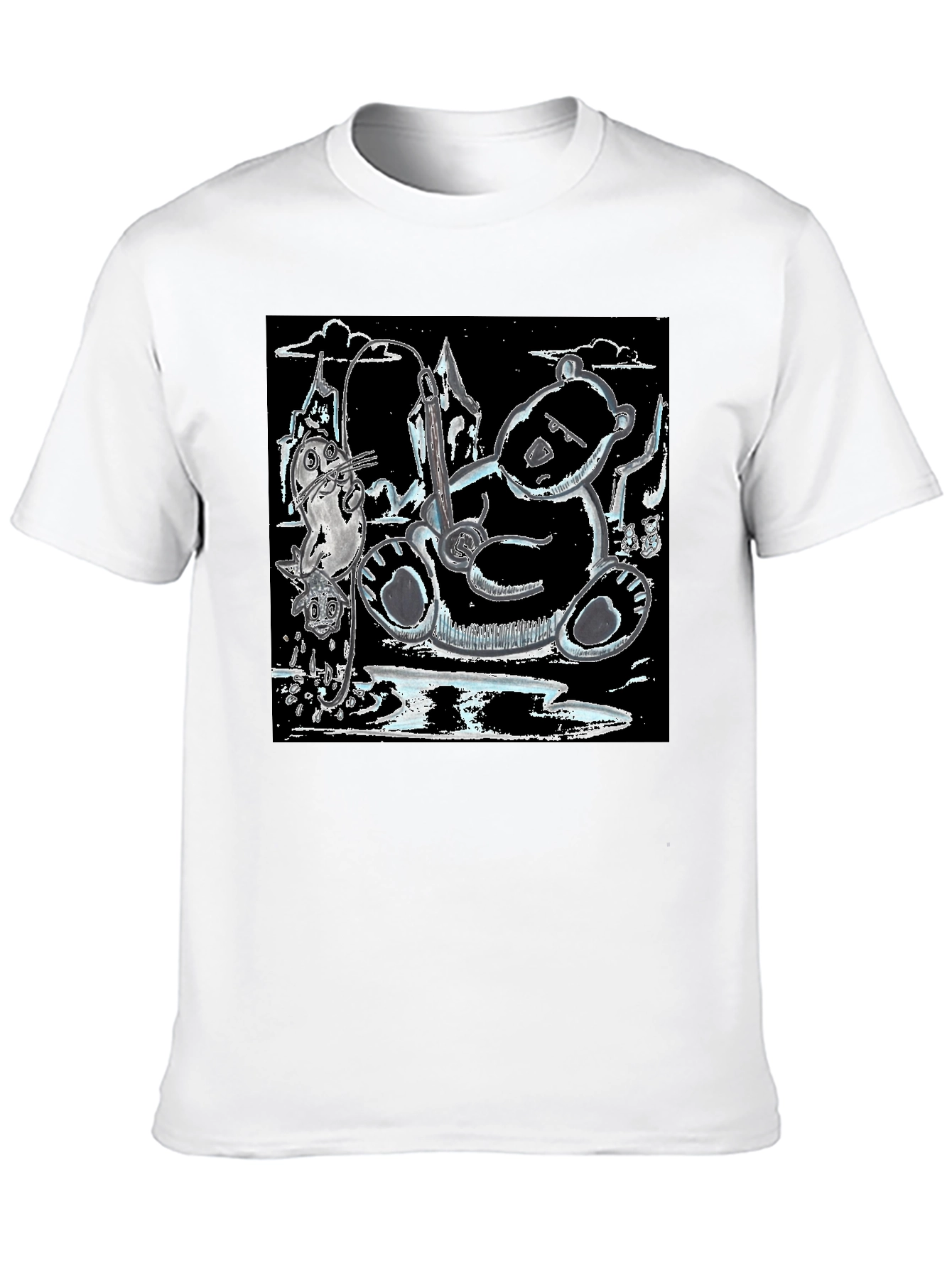 Black Unique Graphic Tee: Bear, Seal, and Musical Notes Art view 10