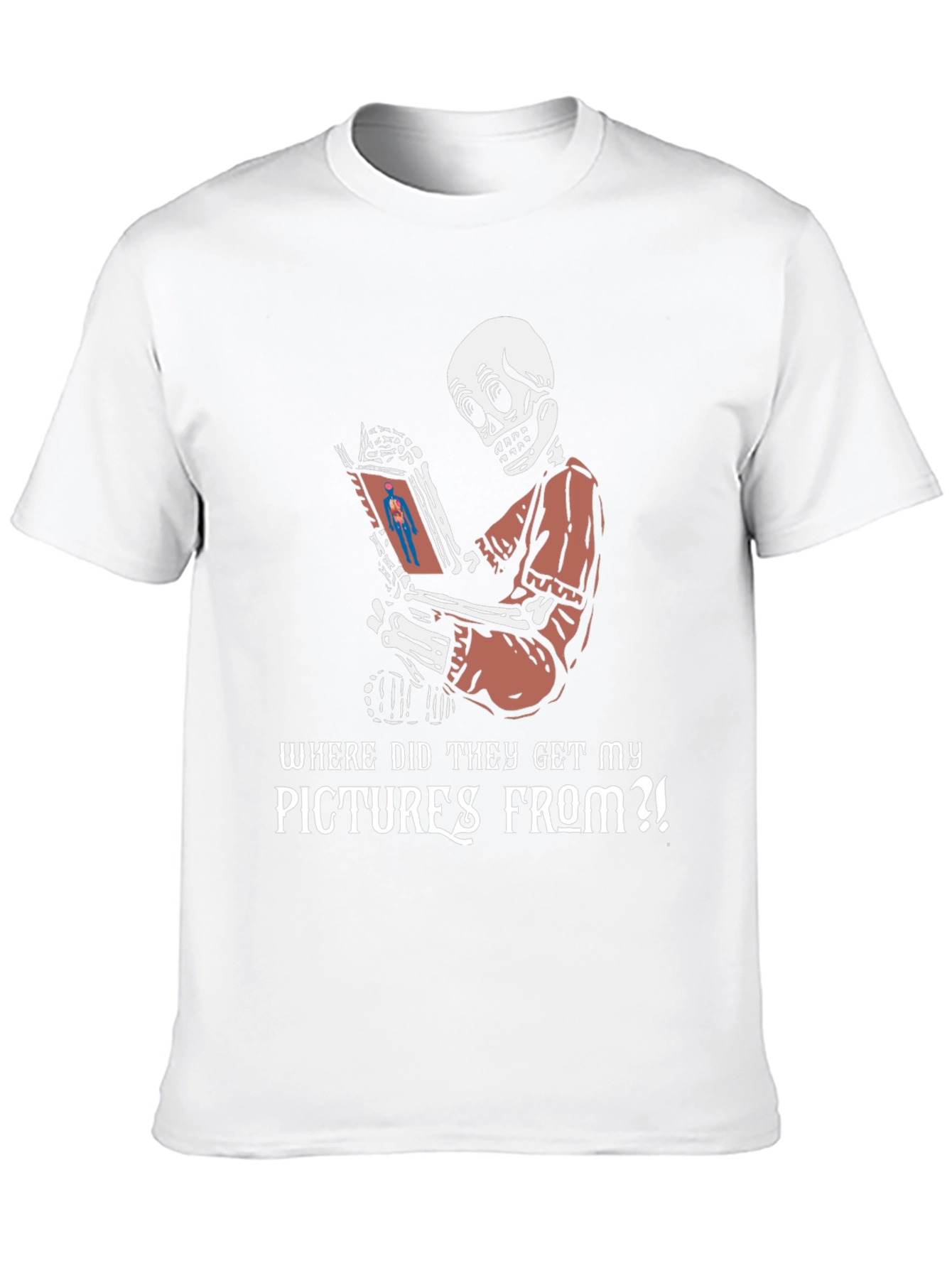 Black Funny Skeleton Reading T-Shirt - "Where Did They Get My Pictures From?!" view 10