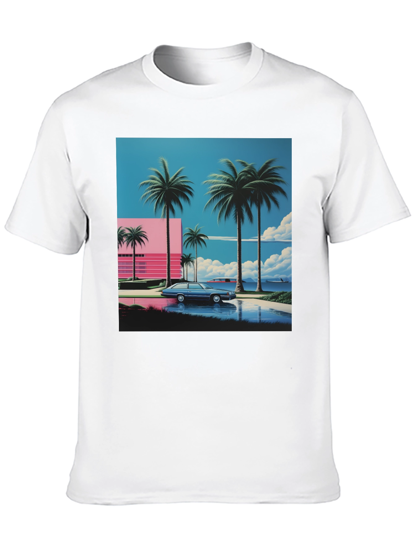 Black Miami Vice Style T-Shirt, Retro Car & Palms view 10