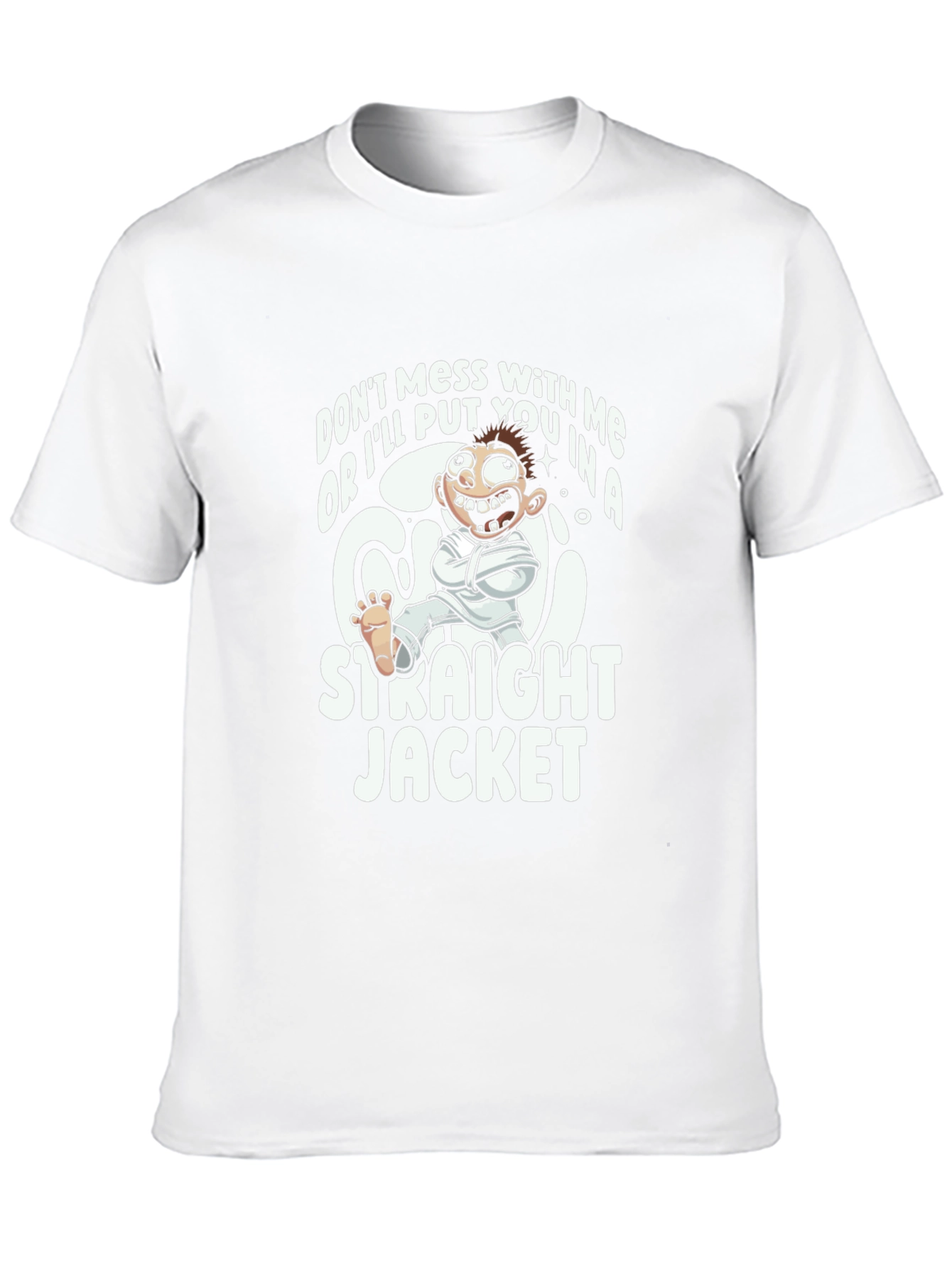 Black Funny Straight Jacket Cartoon Graphic T-Shirt view 10