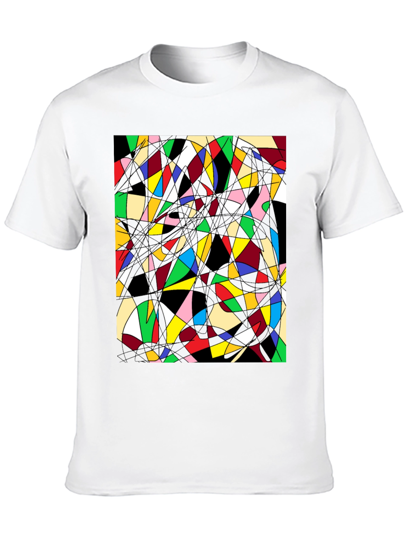 Black Abstract Geometric T-Shirt: Colorful Stained Glass Design view 10