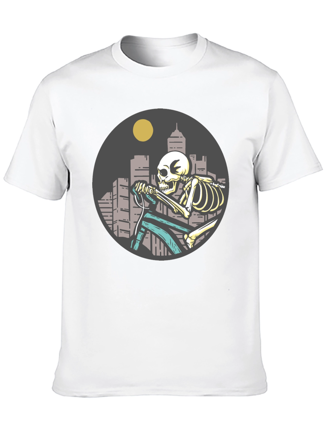 Black Skeleton Riding Bike T-Shirt - Cityscape Design view 10