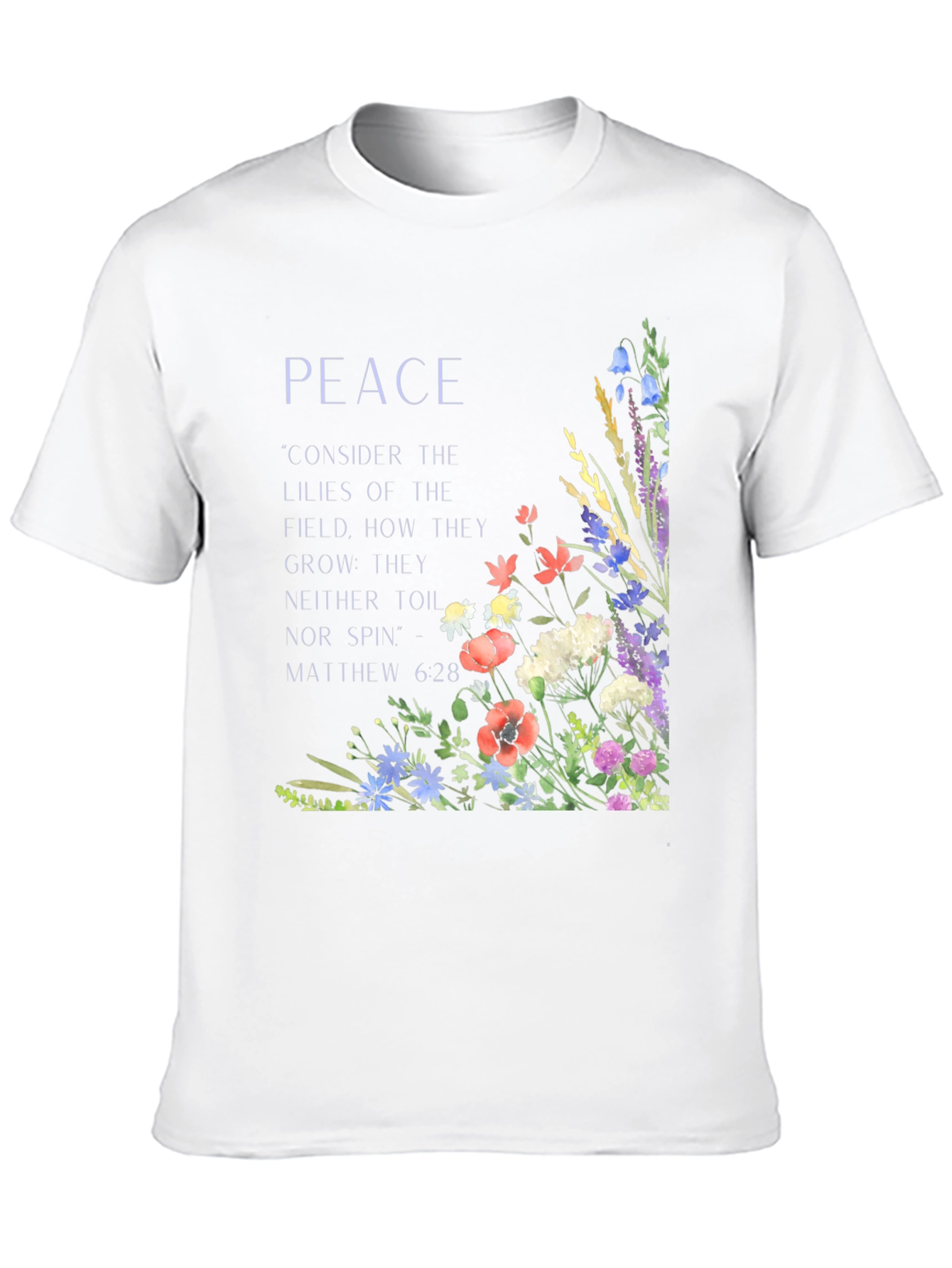 Black Peace Floral T-Shirt - Matthew 6:28 Scripture Tee view 10