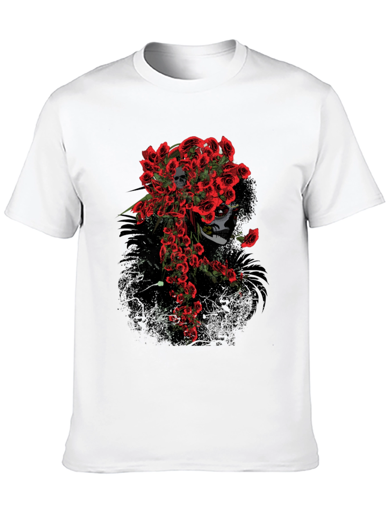 Black Skull and Roses Graphic Tee - Black Cotton T-Shirt view 10