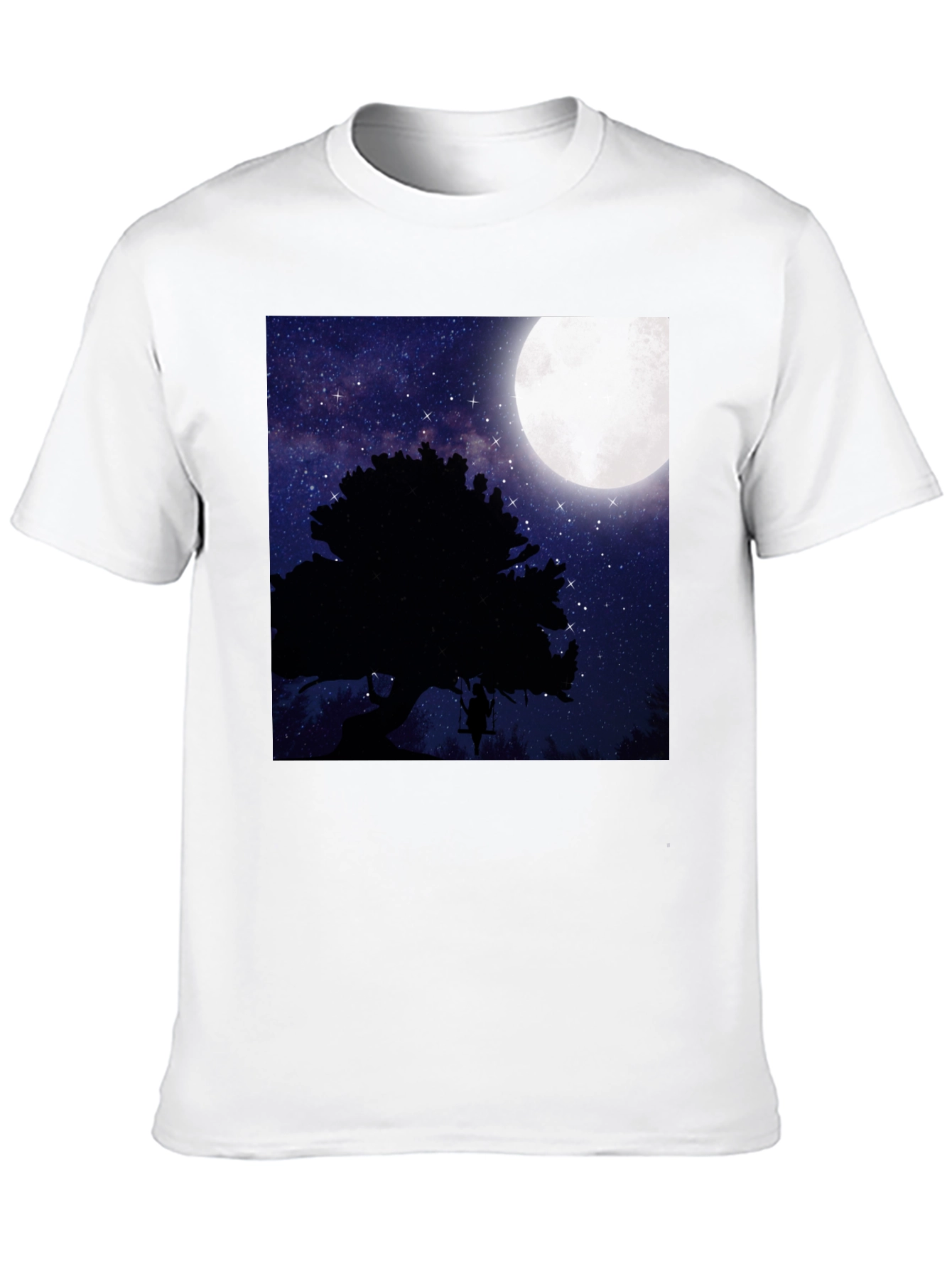 Black Moonlit Swing T-Shirt - Night Sky Tree Silhouette view 10