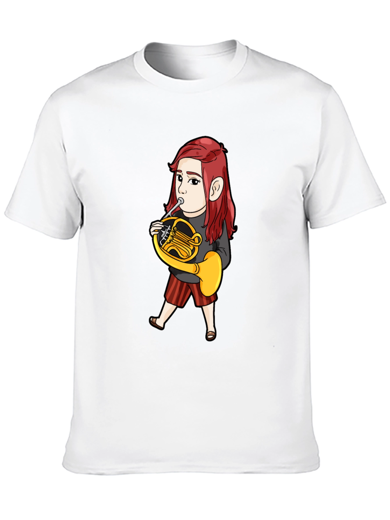 Black French Horn Player Cartoon T-Shirt view 10