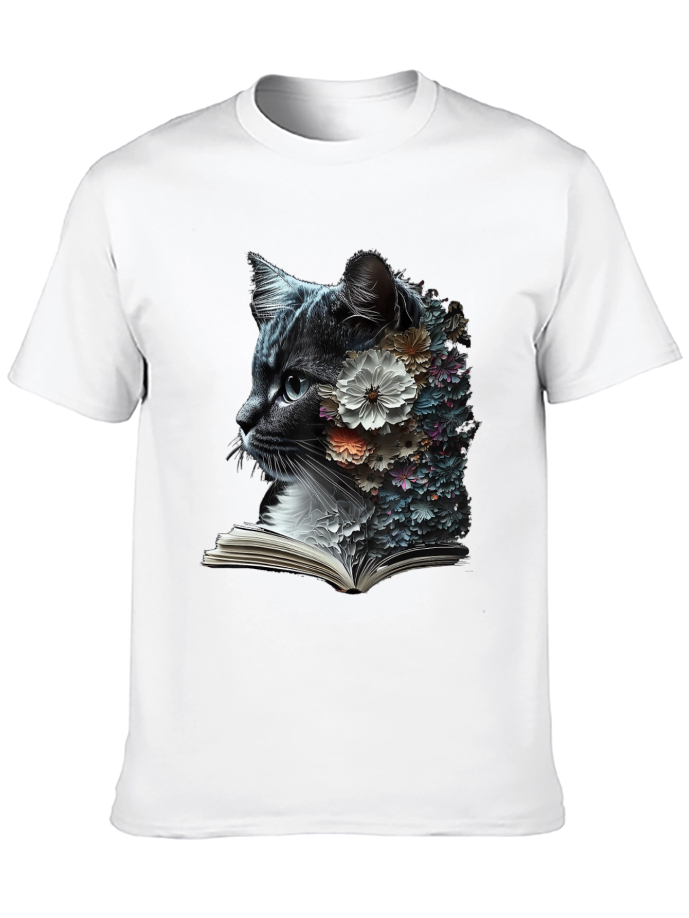 Black Floral Cat Reader Graphic T-Shirt view 10
