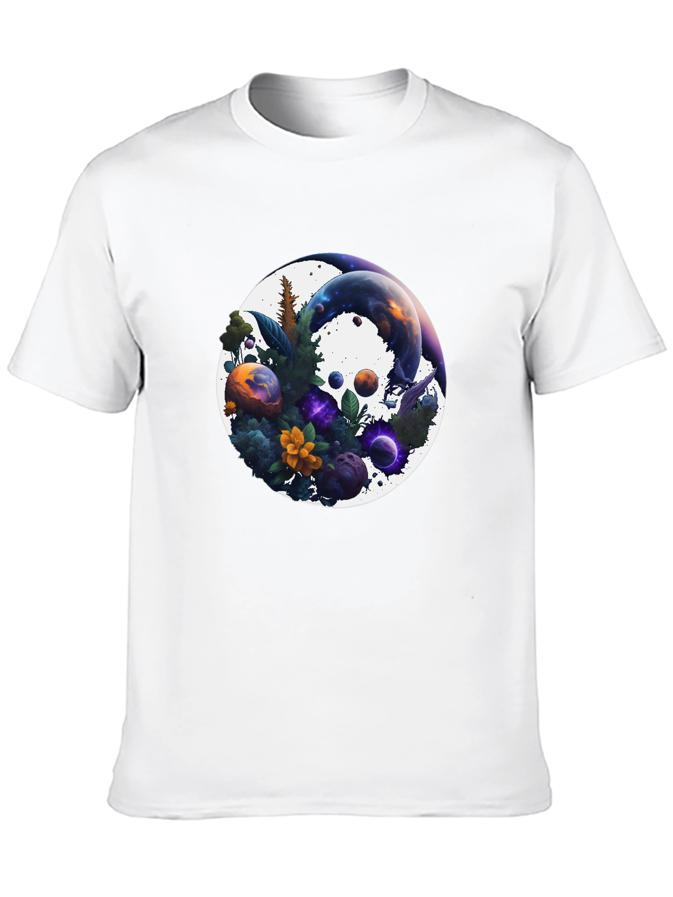 Black Cosmic Garden T-Shirt - Nature & Space Fusion view 10