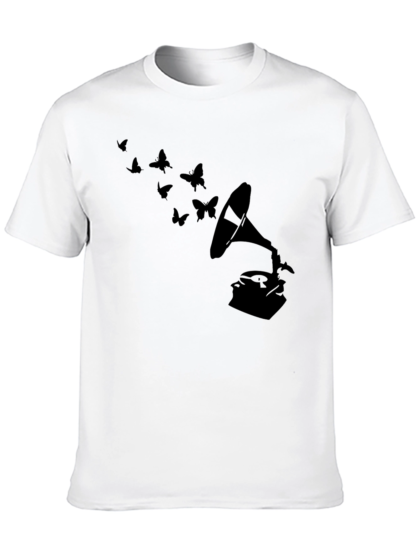 Black Vintage Gramophone & Butterfly T-Shirt - Stylish Retro Tee view 10