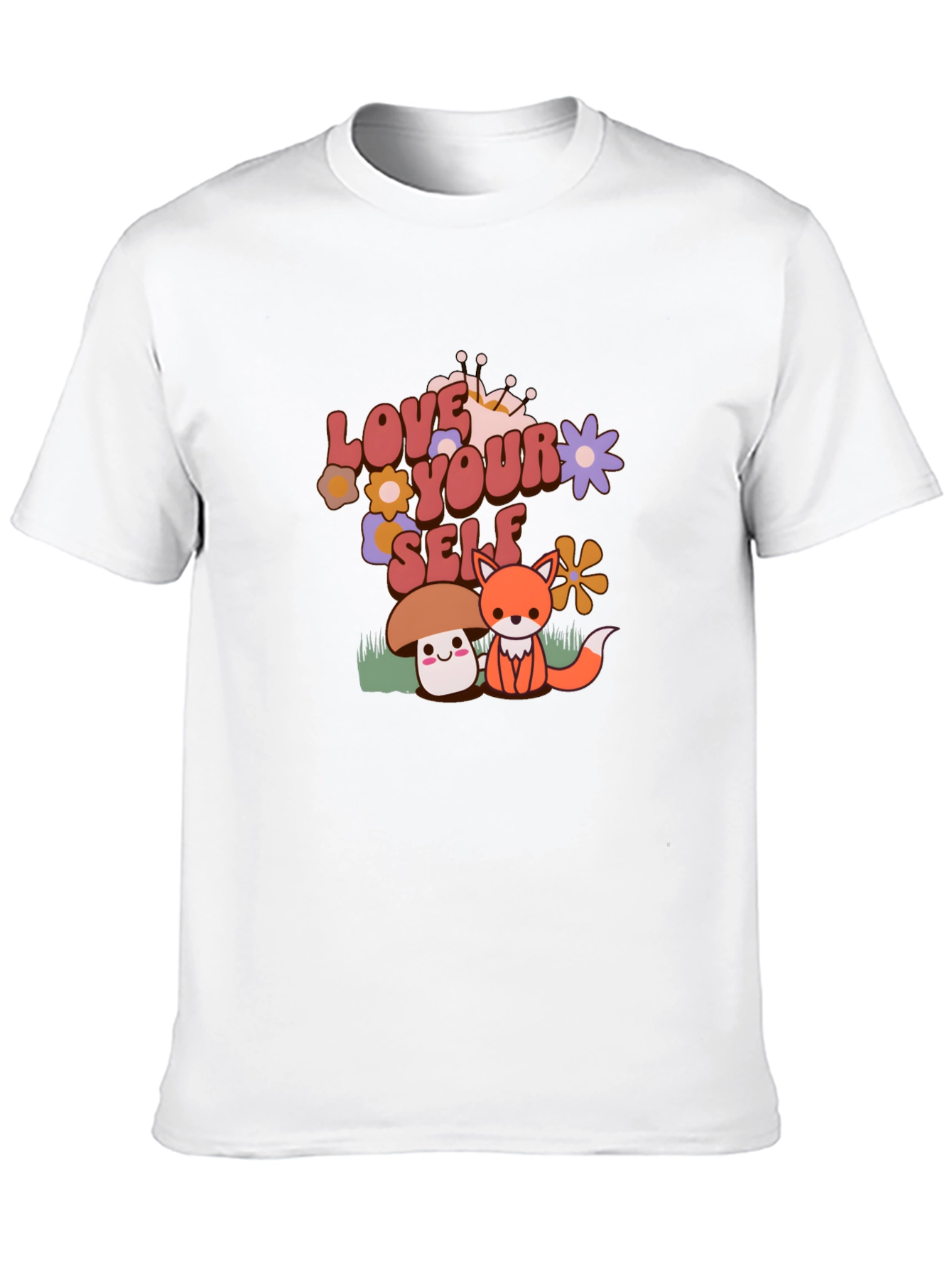 Black Love Yourself T-Shirt with Cute Mushroom and Fox Design view 10