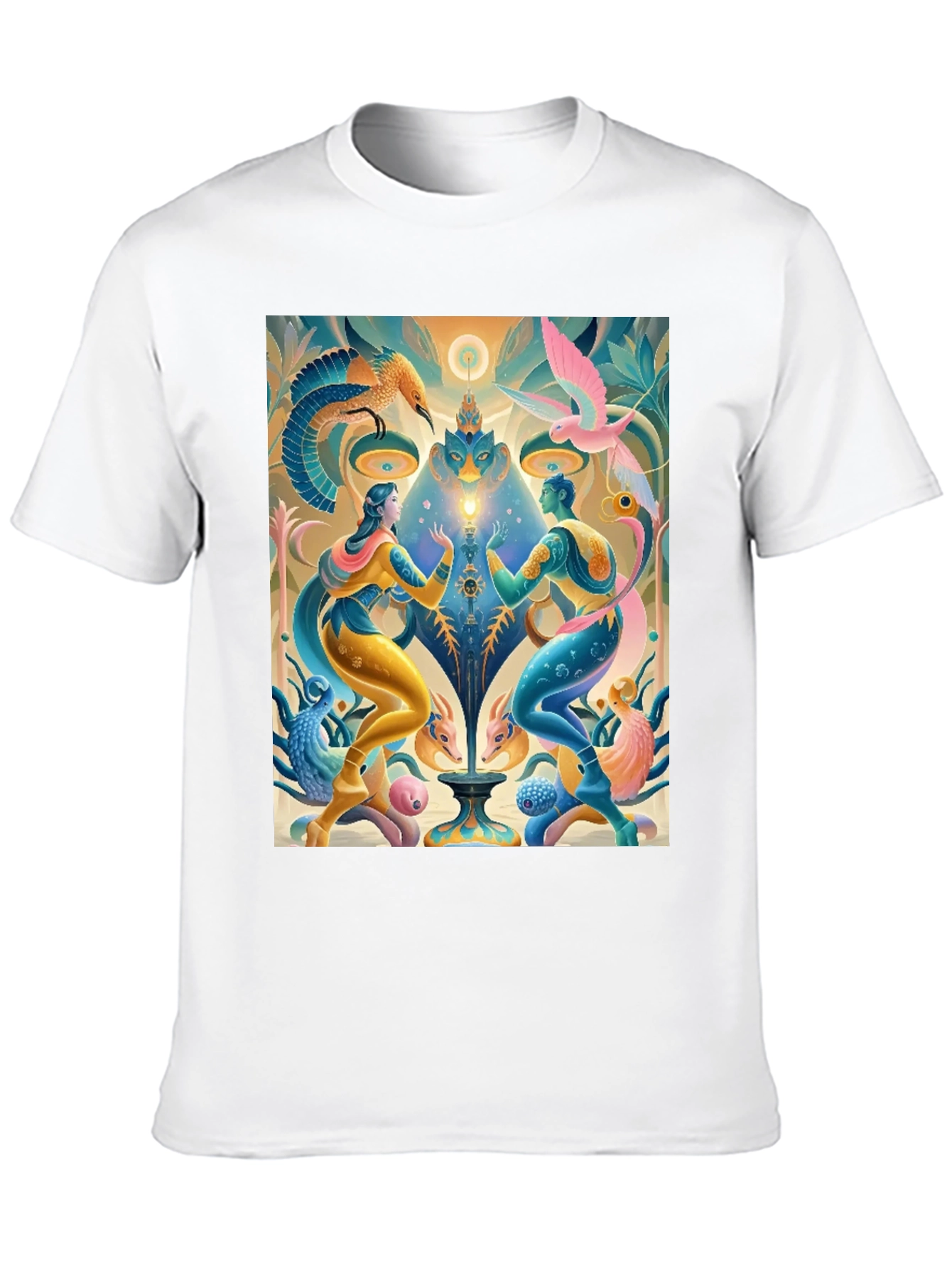 Black Artistic T-Shirt: Mystical Bird and Figure Design view 10