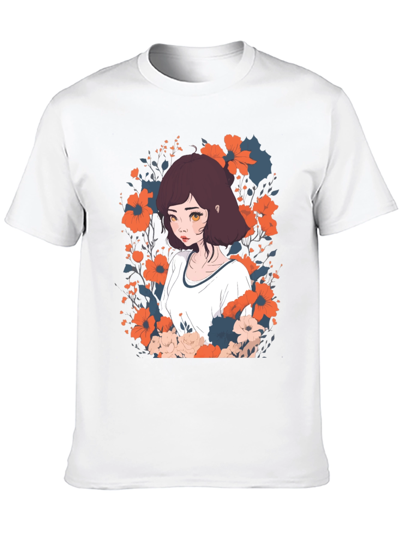 Black Floral Anime Girl Graphic Tee - Unisex Black T-Shirt view 10