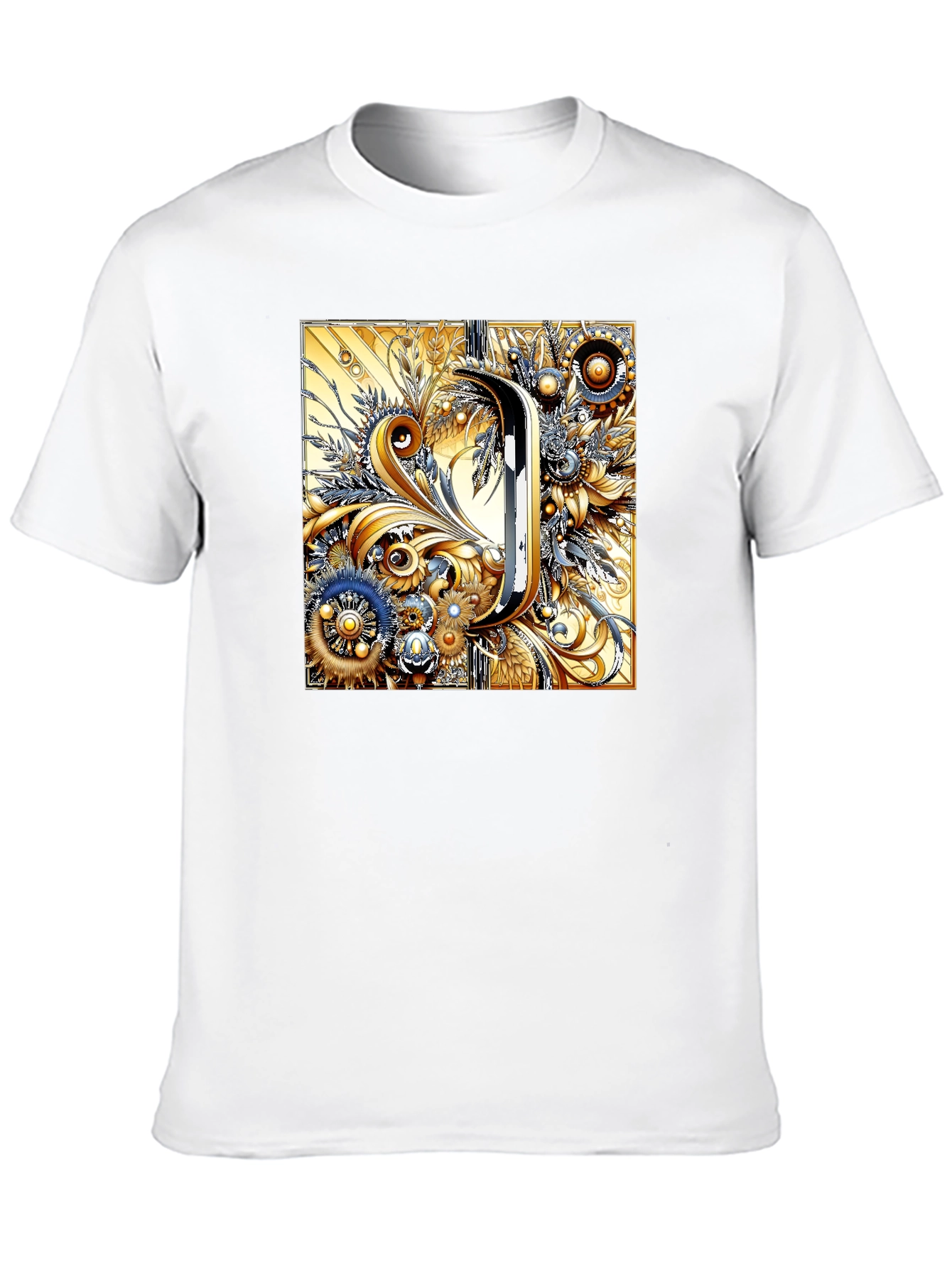 Black Steampunk Letter J T-Shirt - Ornate Floral Design view 10