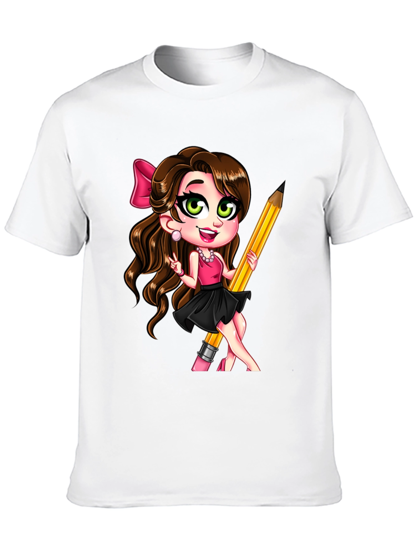 Black Fun Cartoon Girl with Pencil Black T-Shirt view 10