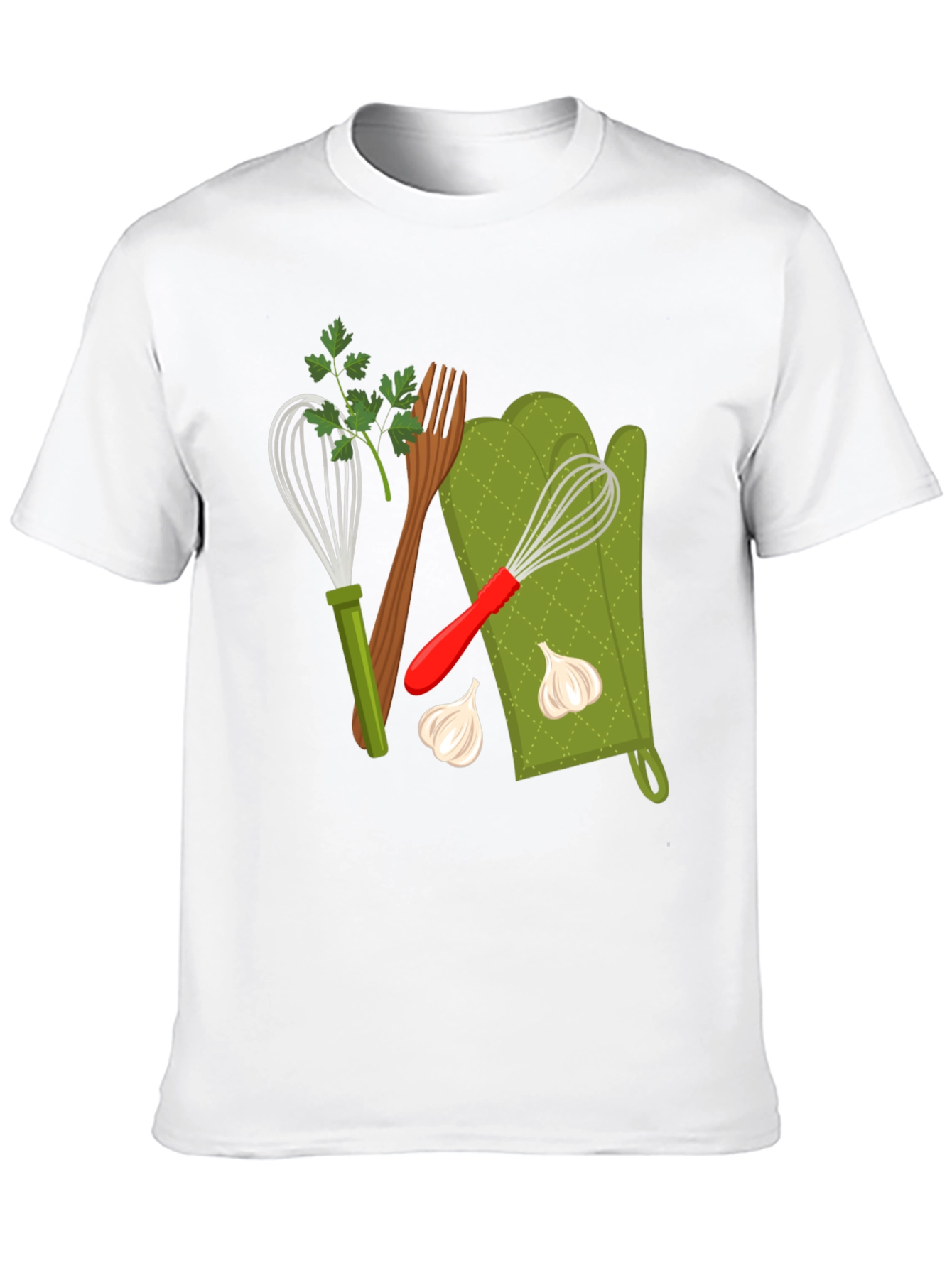 Black Cooking Lover Graphic T-Shirt: Whisk, Fork, and Garlic Design view 10