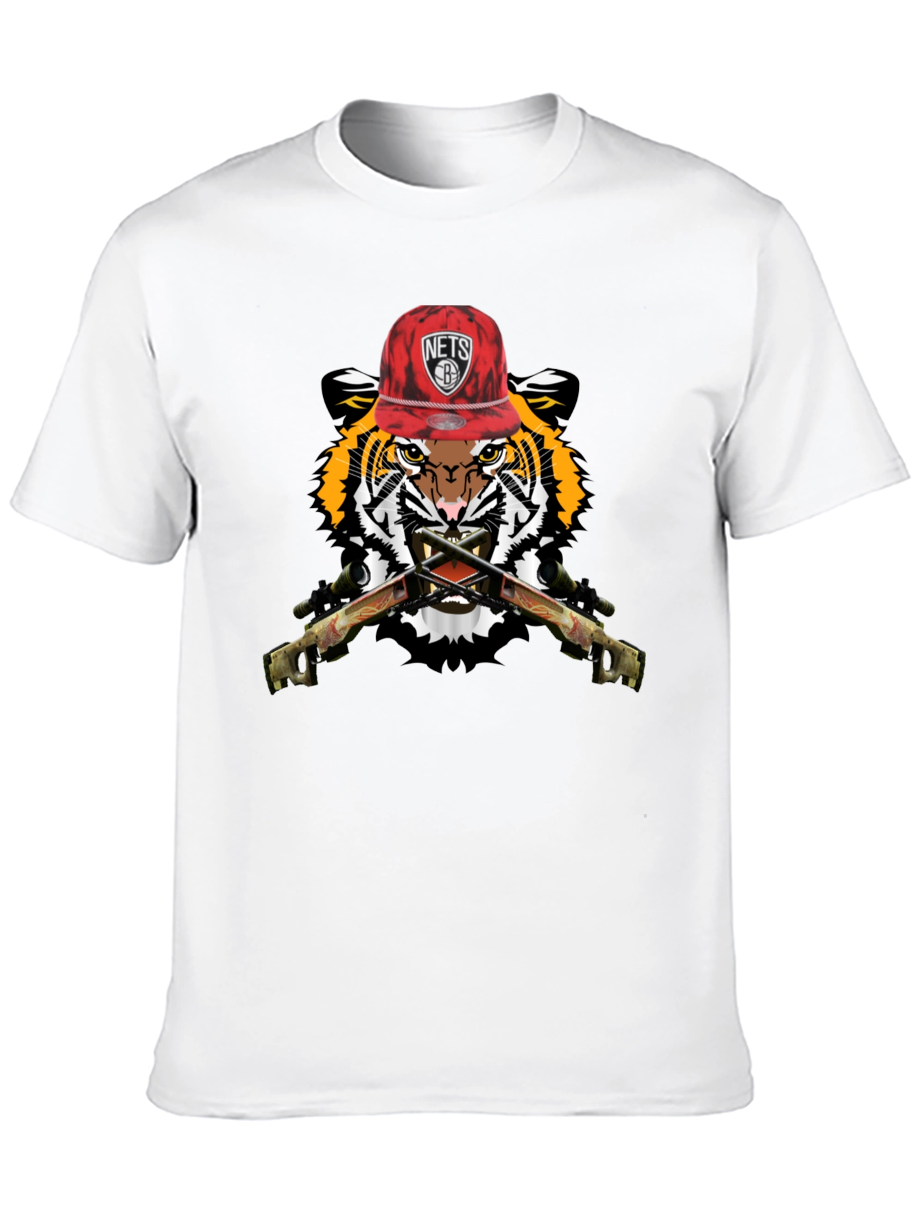 Black Tiger with Nets Hat Graphic Print T-Shirt view 10