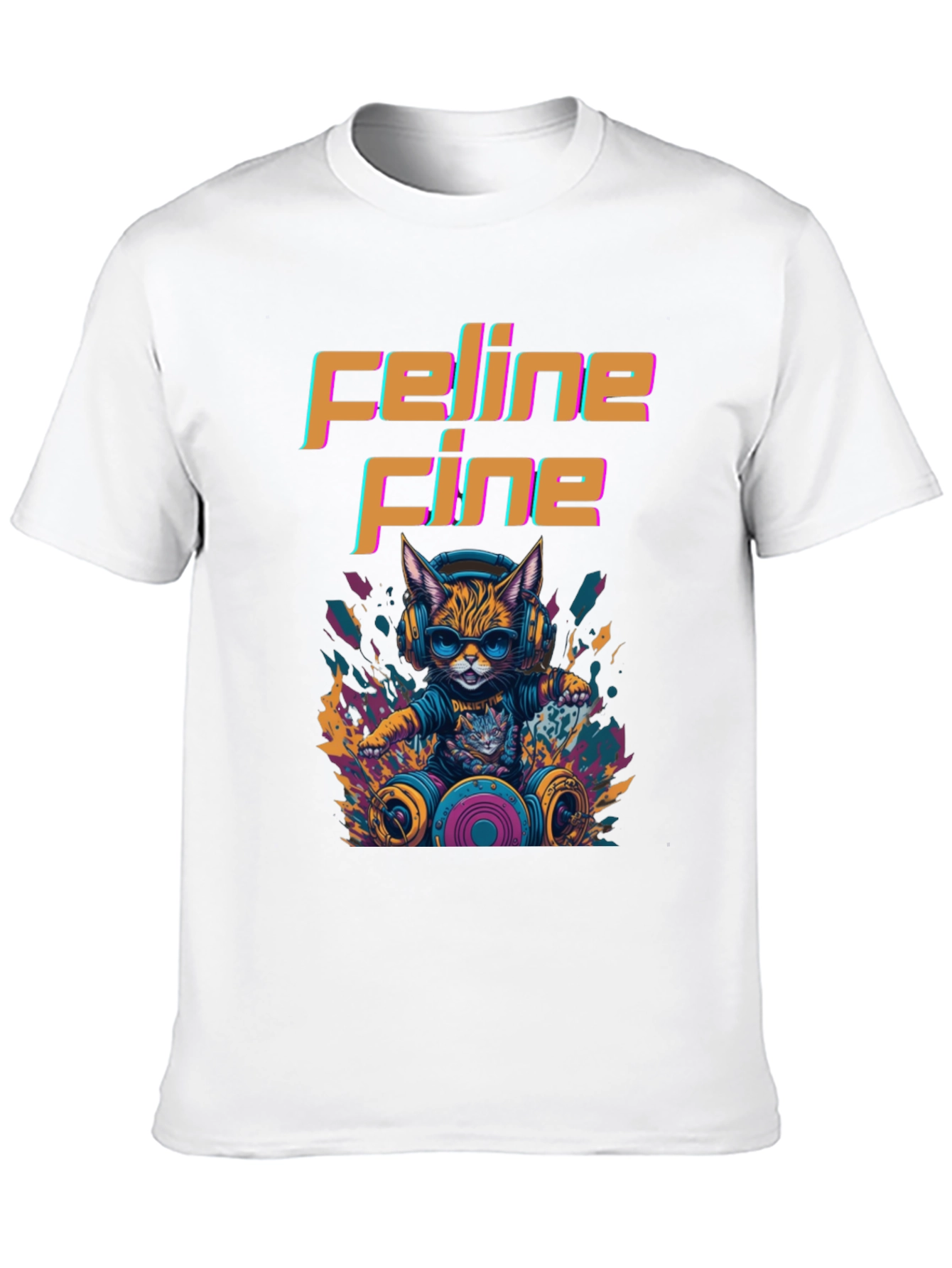 Black Feline Fine Graphic Tee - DJ Cat T-Shirt view 10
