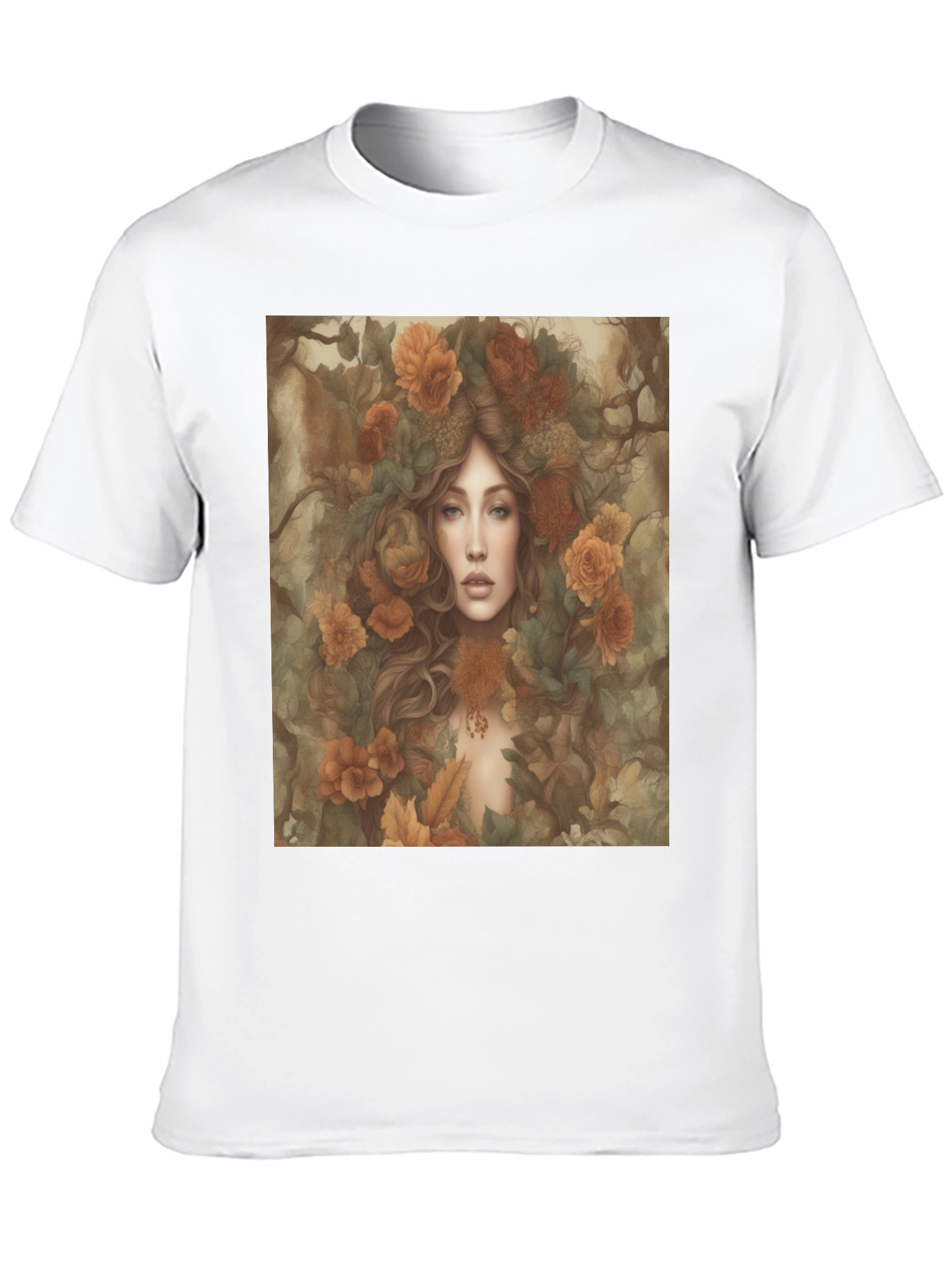 Black Floral Fantasy T-Shirt: Woman with Autumn Flowers view 10