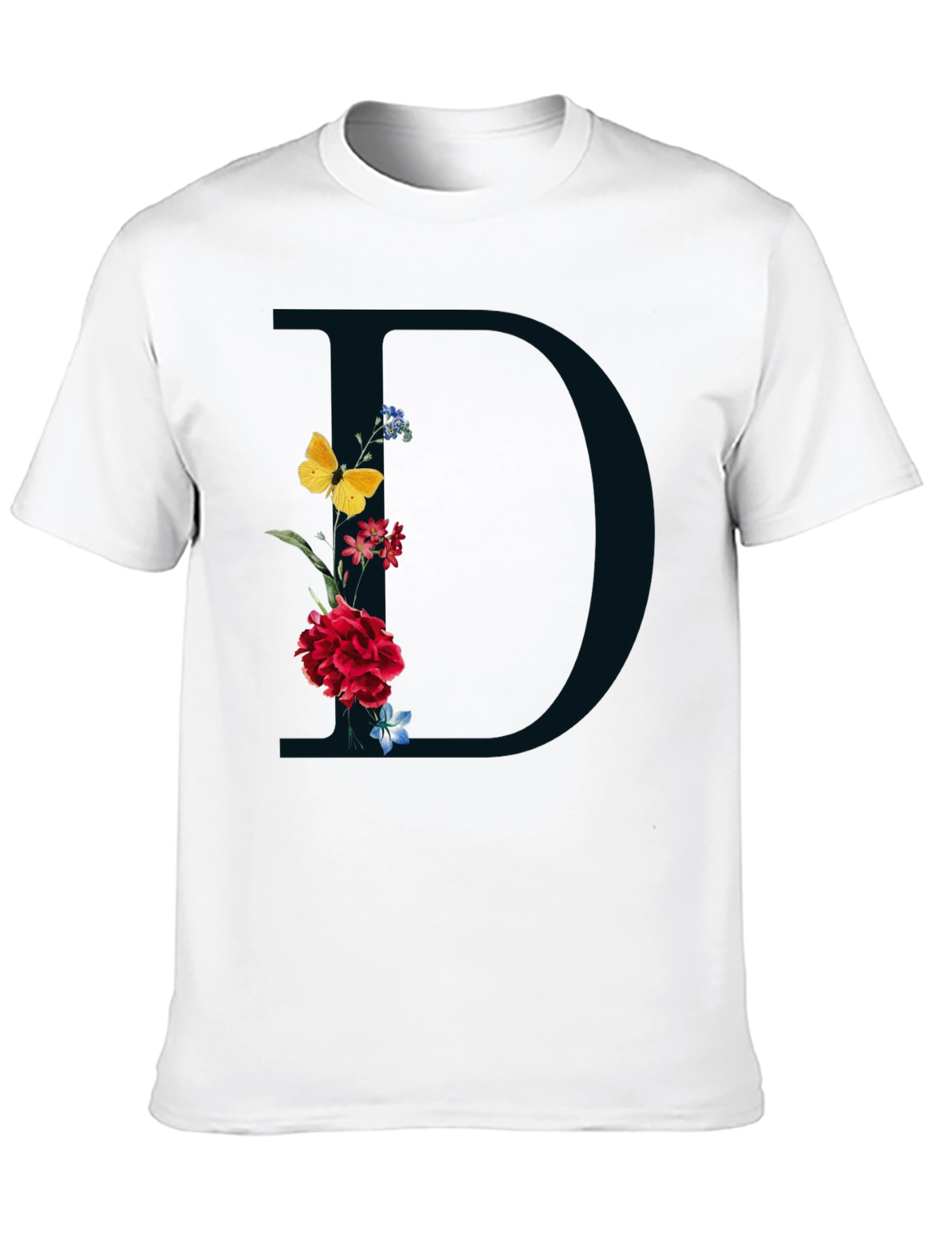 Black Floral Initial 'D' Graphic Tee - Elegant Design view 10