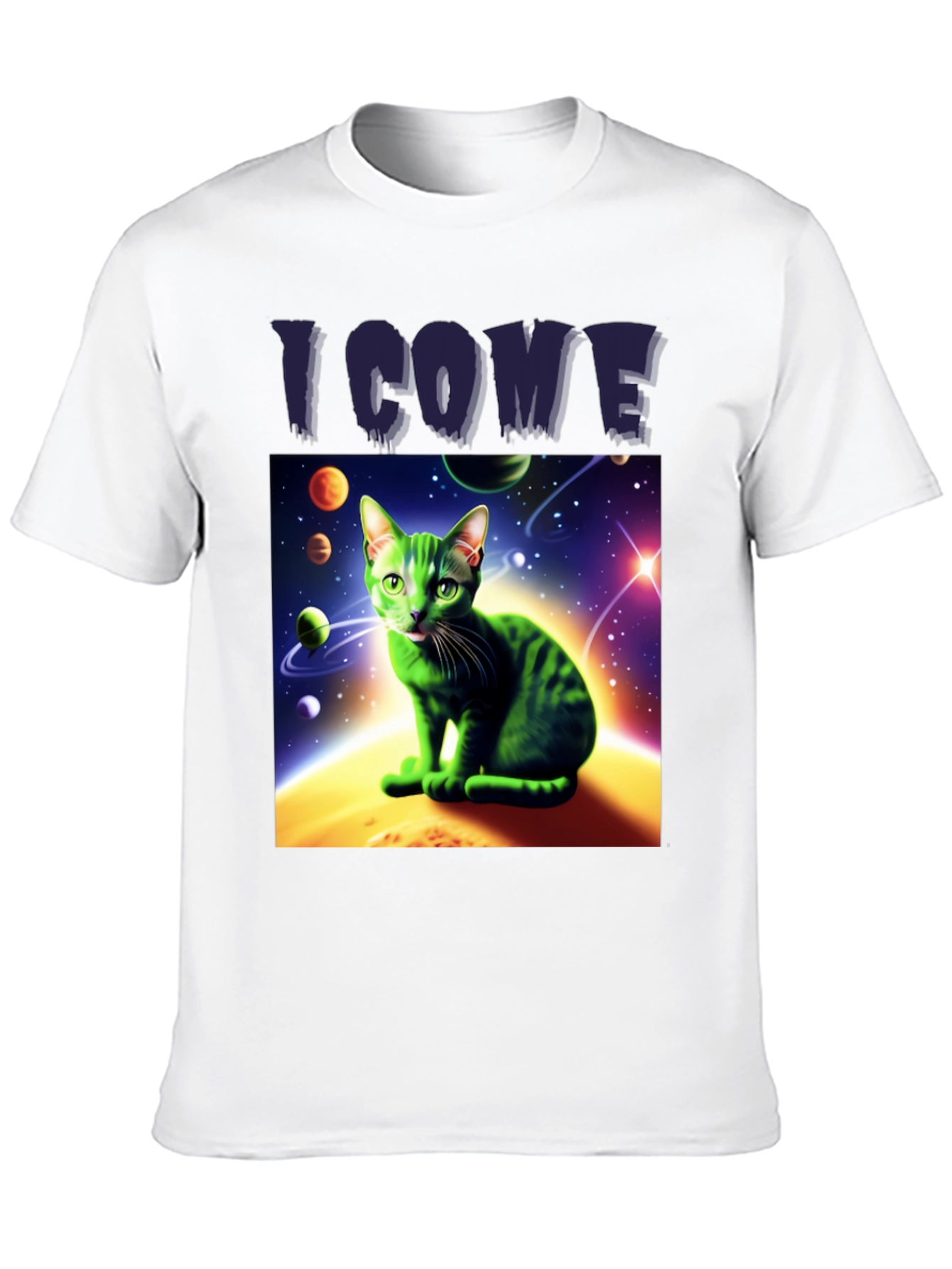Black I Come In Peace Cat T-Shirt - Space Alien Green Kitty Tee view 10