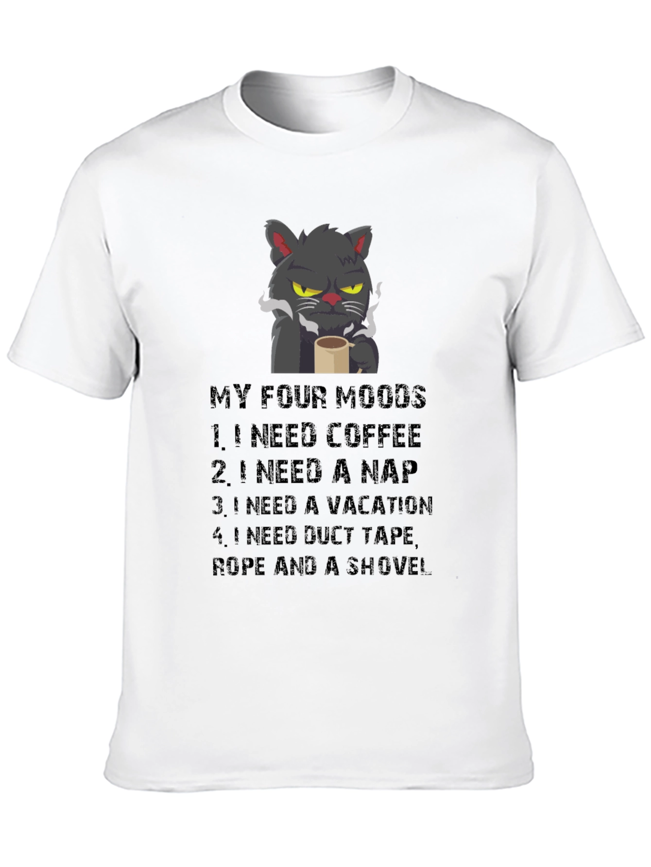 Black Funny Cat Moods T-Shirt - Coffee, Naps, Vacation, Duct Tape view 10