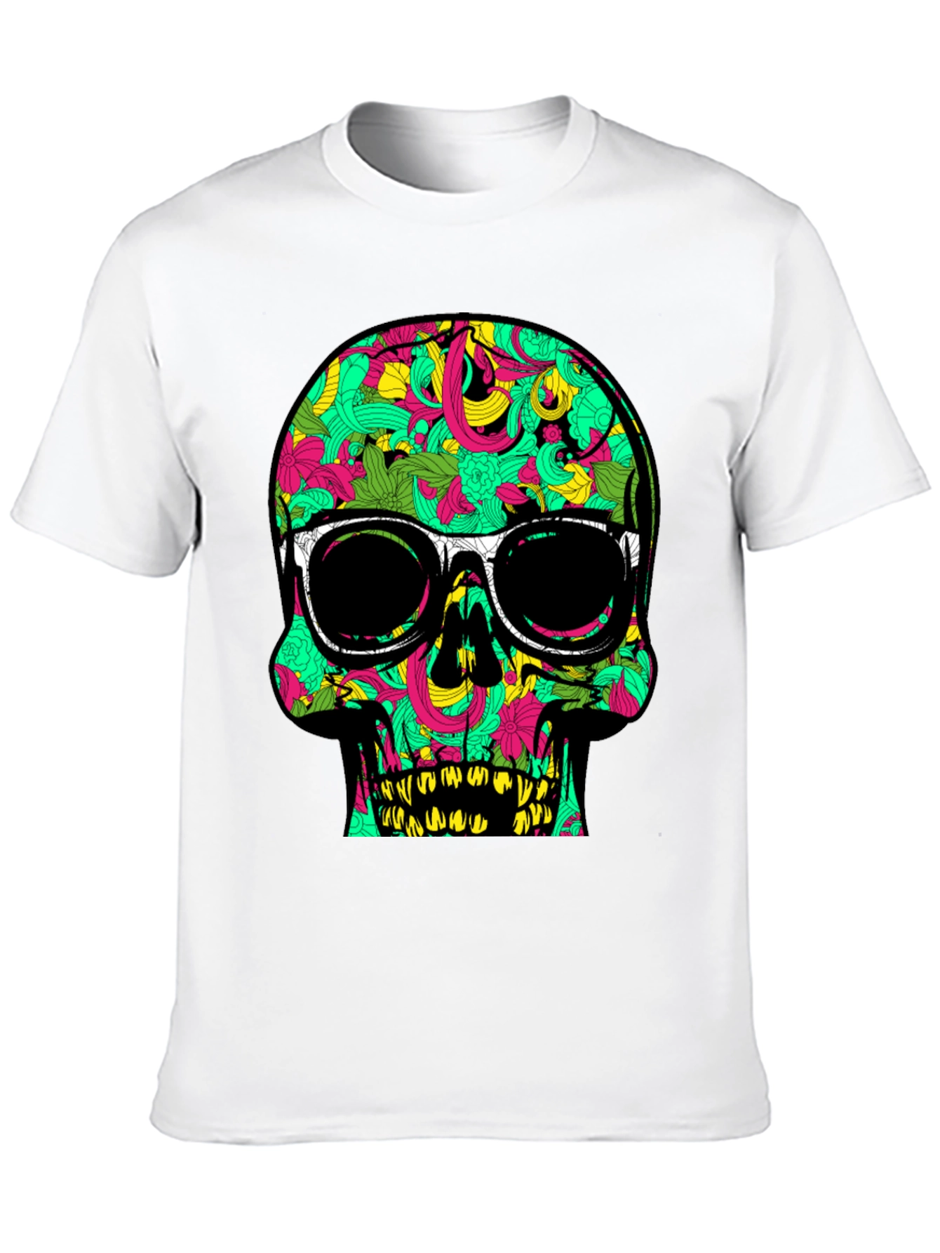 Black Cool Skull T-Shirt with Floral Pattern and Sunglasses view 10