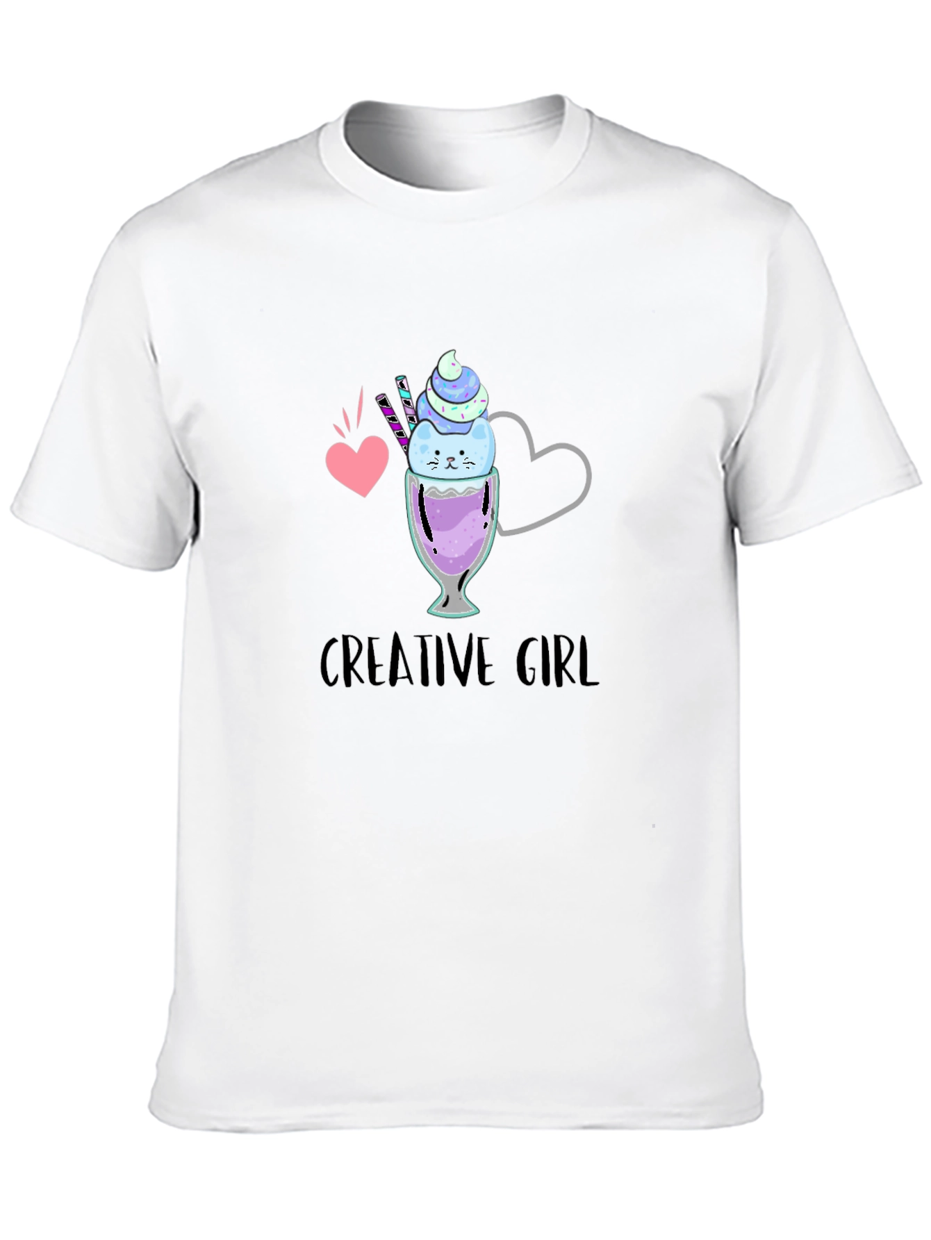 Black Creative Girl Ice Cream Cat Graphic Black T-Shirt view 10