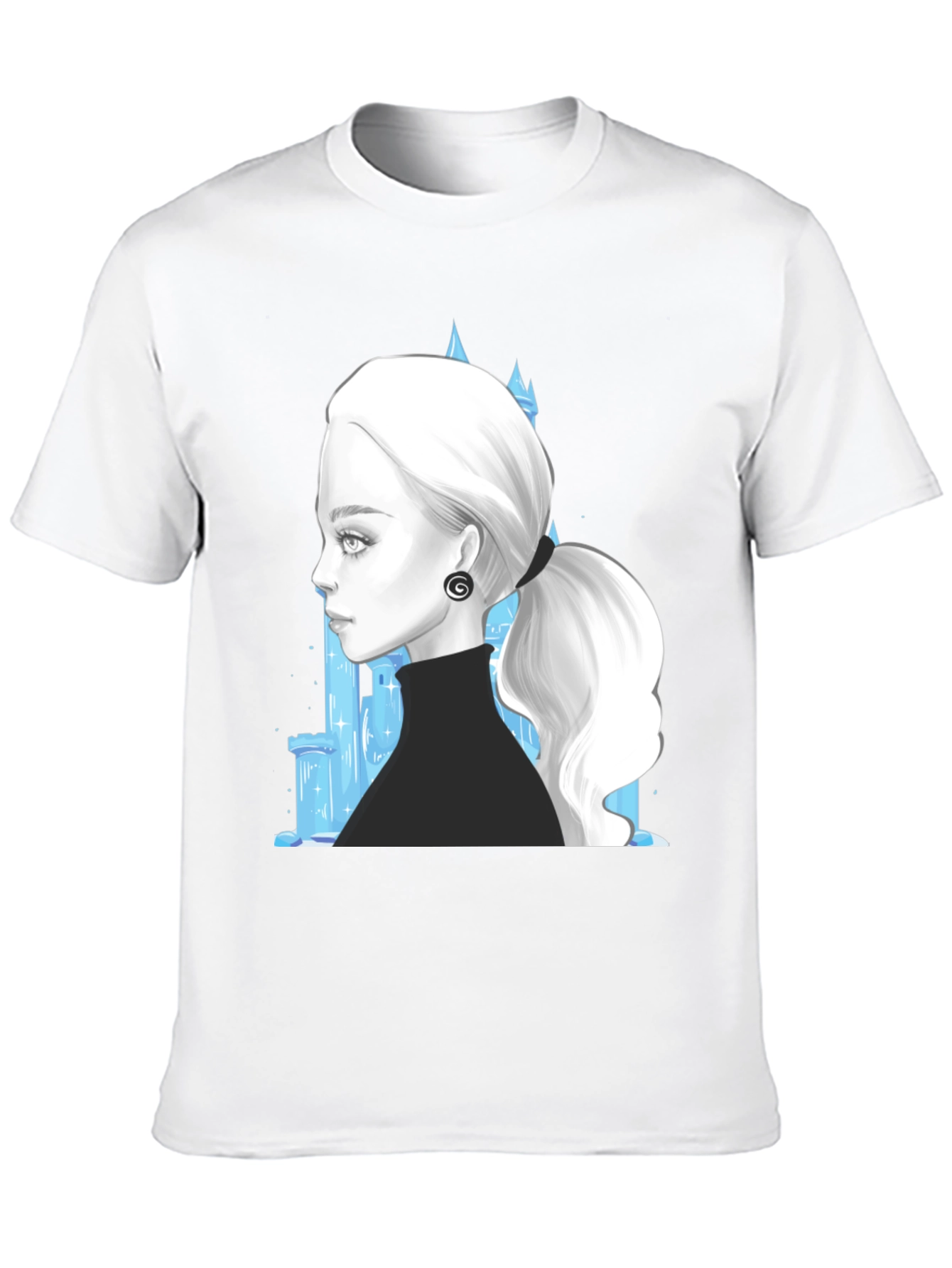 Black Elegant Woman & Ice Castle Graphic Black T-Shirt view 10