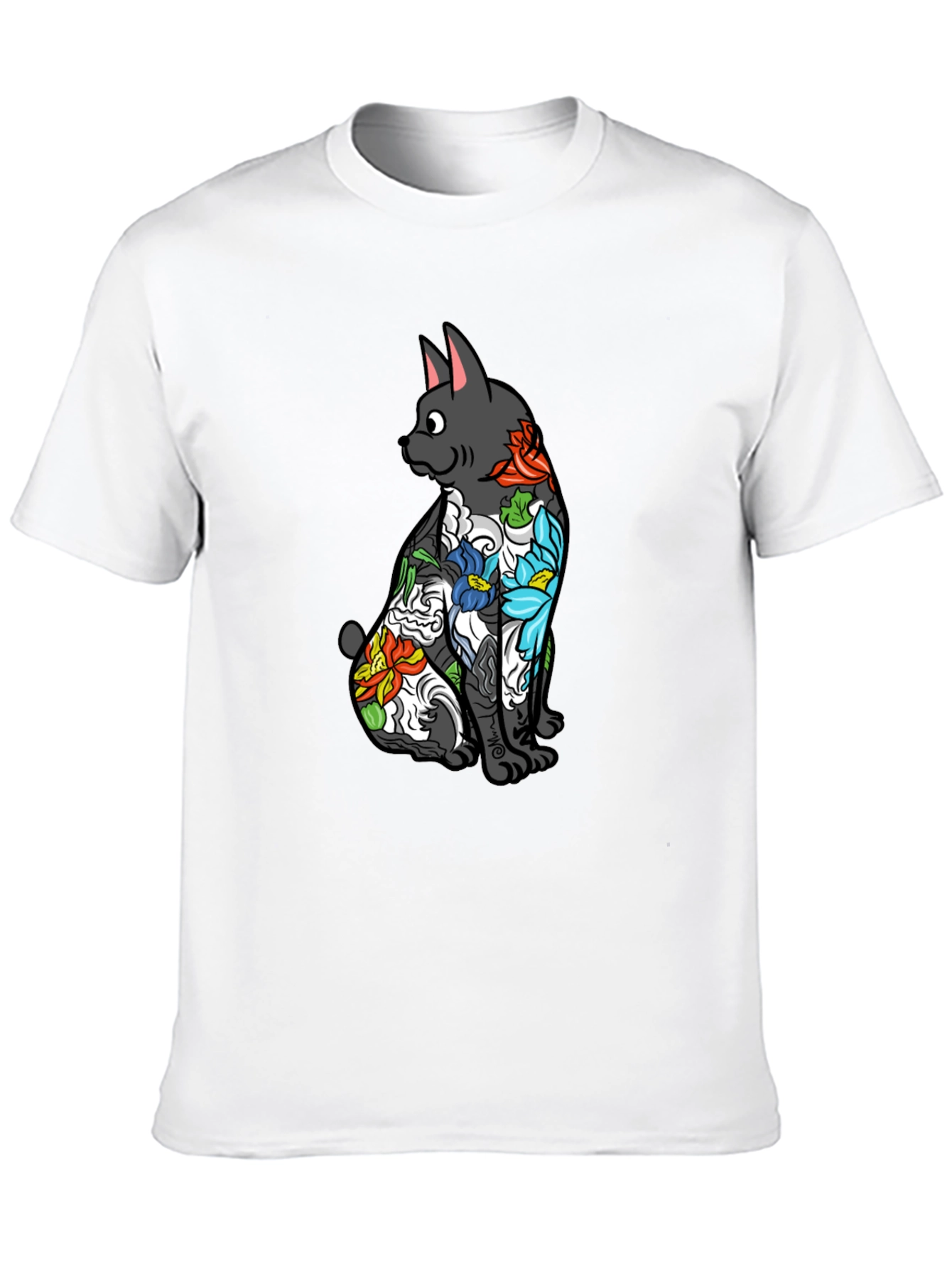 Black Floral Tattoo Cat Graphic Tee - Black Unisex Shirt view 10