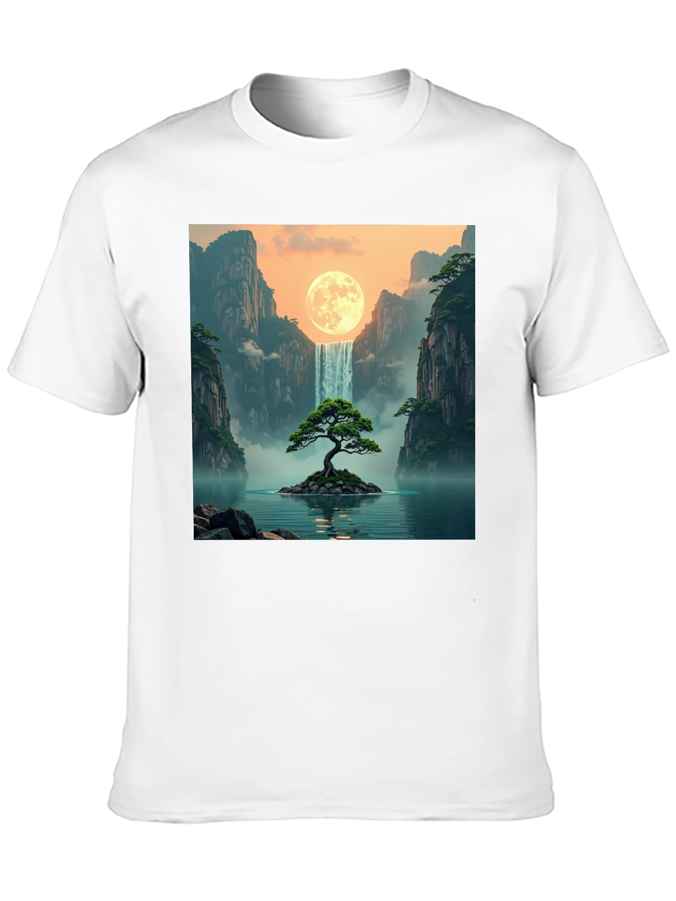 Black Waterfall Moon Bonsai Tree Graphic T-Shirt view 10