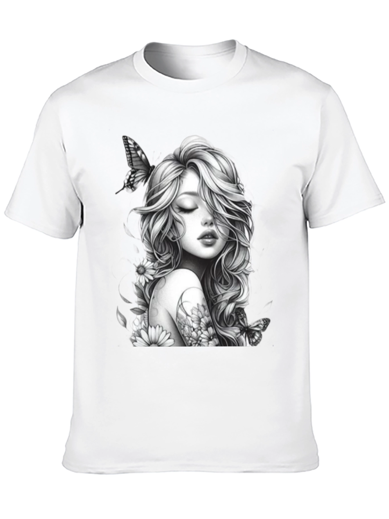 Black Black T-Shirt with Woman and Butterfly Design view 10