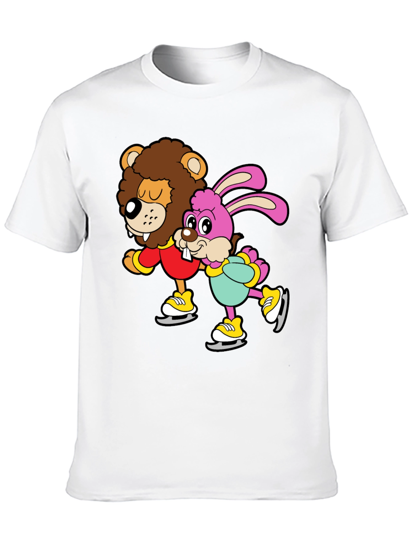 Black Lion & Bunny Ice Skating Cartoon Graphic T-Shirt view 10