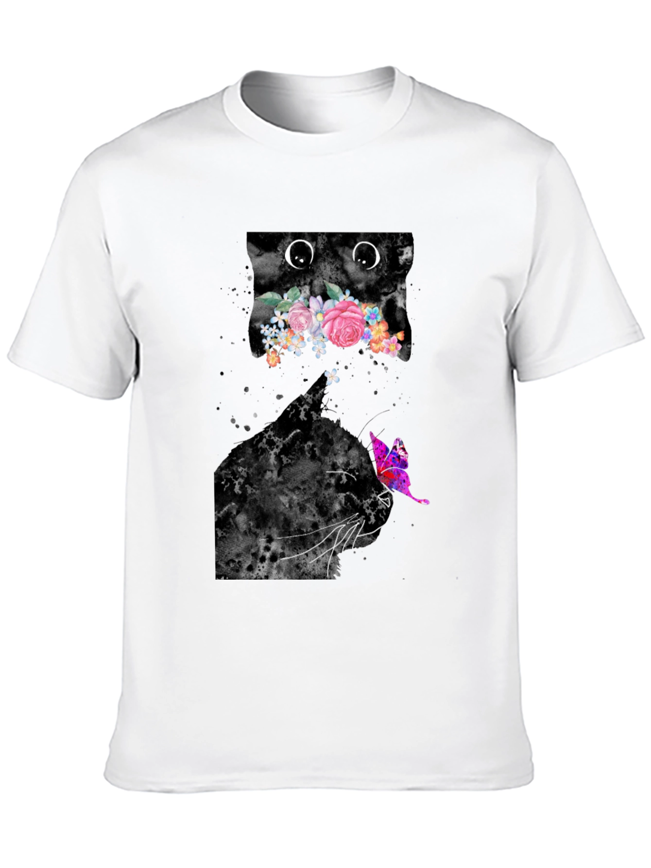 Black Floral Cat Graphic Tee - Trendy Men's Black T-Shirt view 10