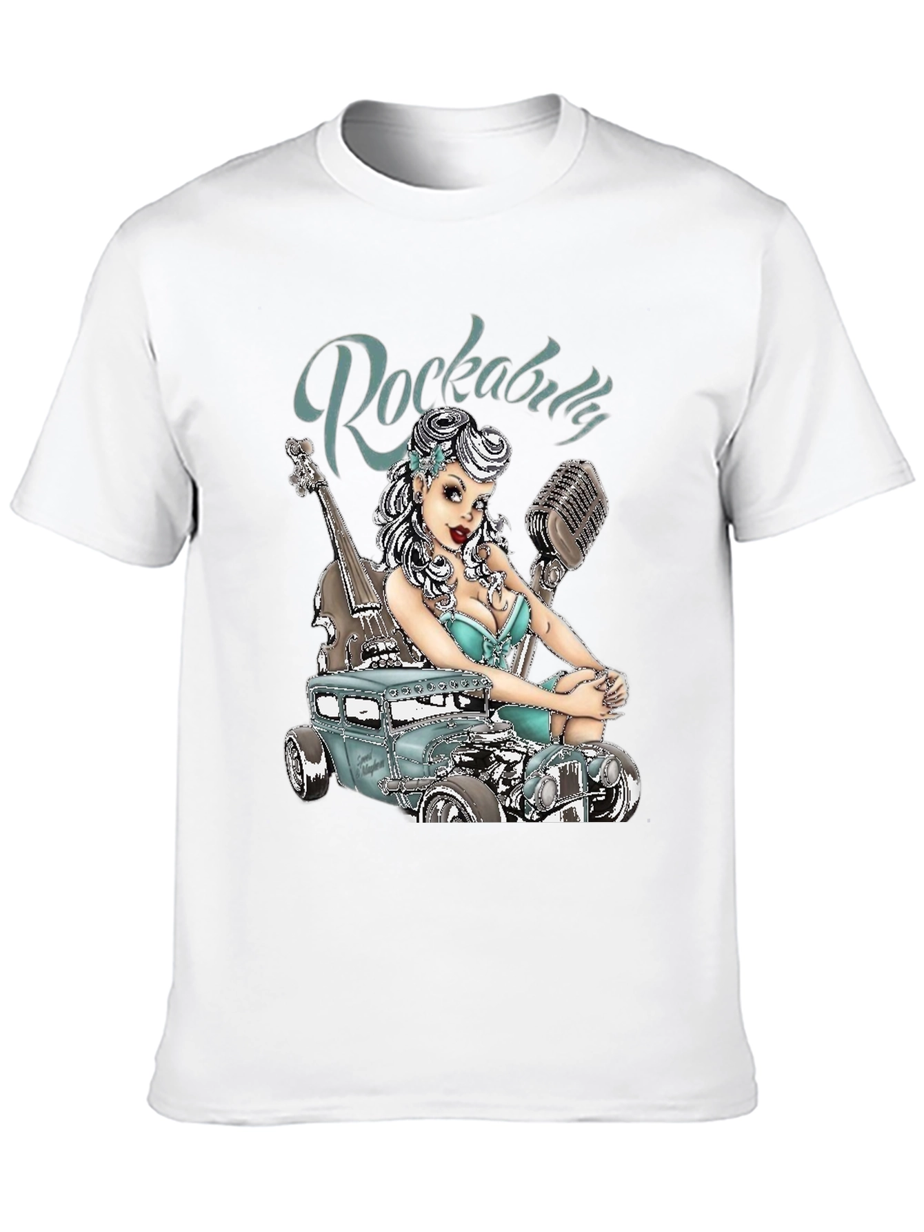 Black Rockabilly Style T-Shirt with Car & Pin-up Girl Design view 10