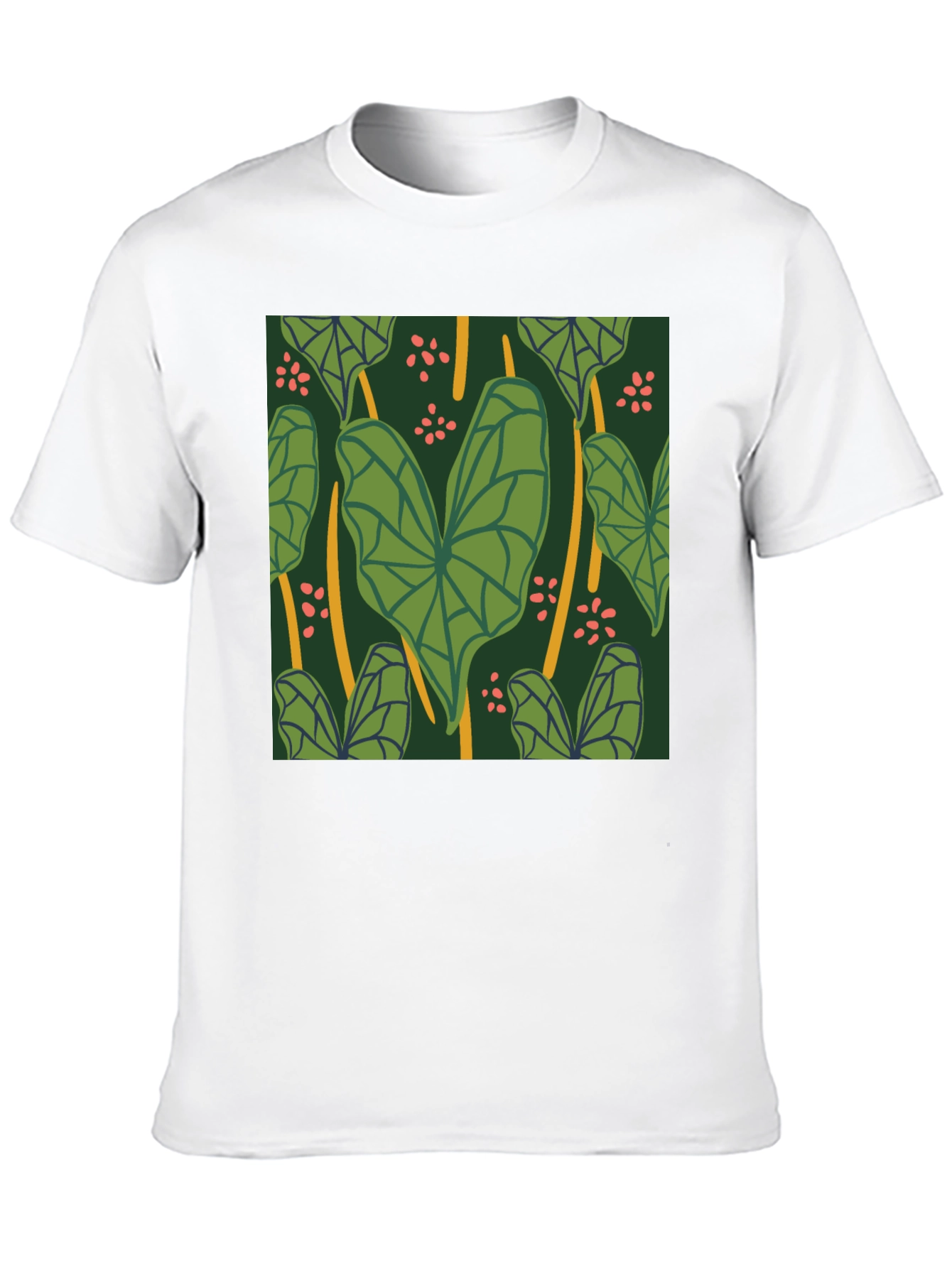 Black Tropical Leaf Pattern Black T-Shirt view 10