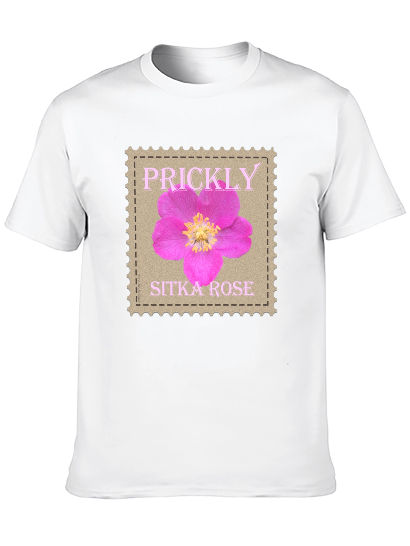 Black Prickly Sitka Rose Stamp Style T-Shirt view 10