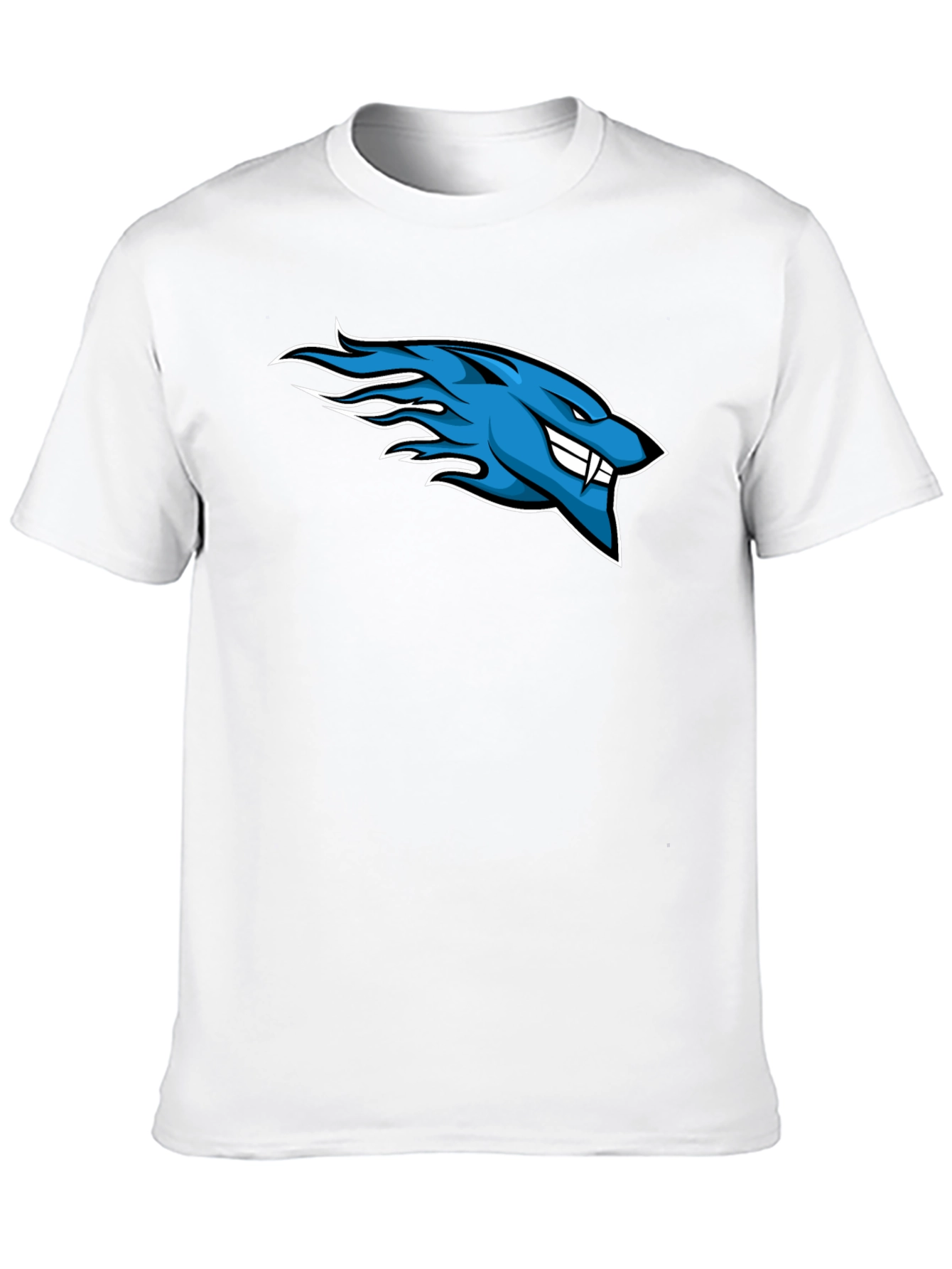 Black Men's Black T-Shirt with Blue Flaming Wolf Design view 10