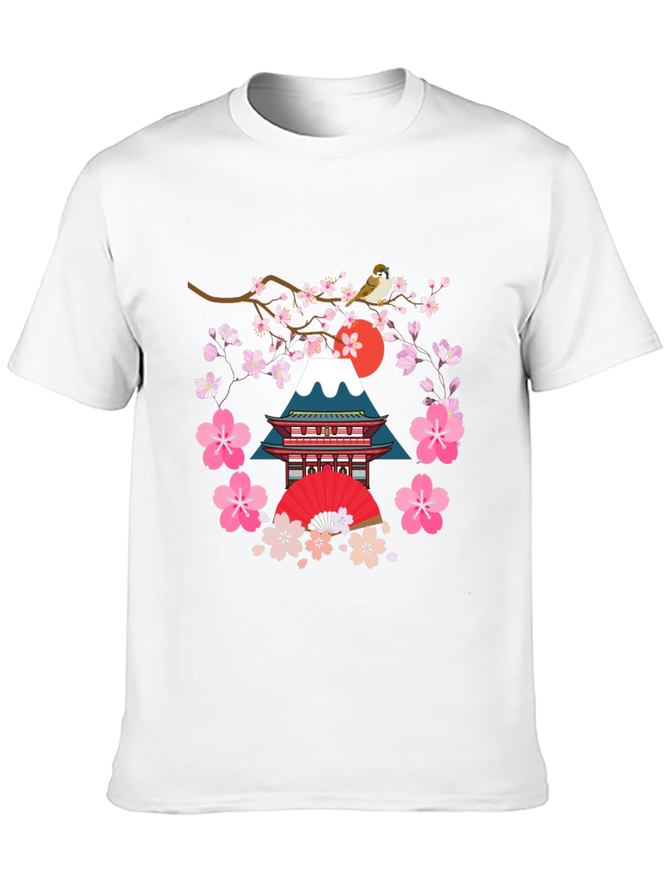 Black Japanese Art T-Shirt - Bird, Blossoms, and Mountain view 10