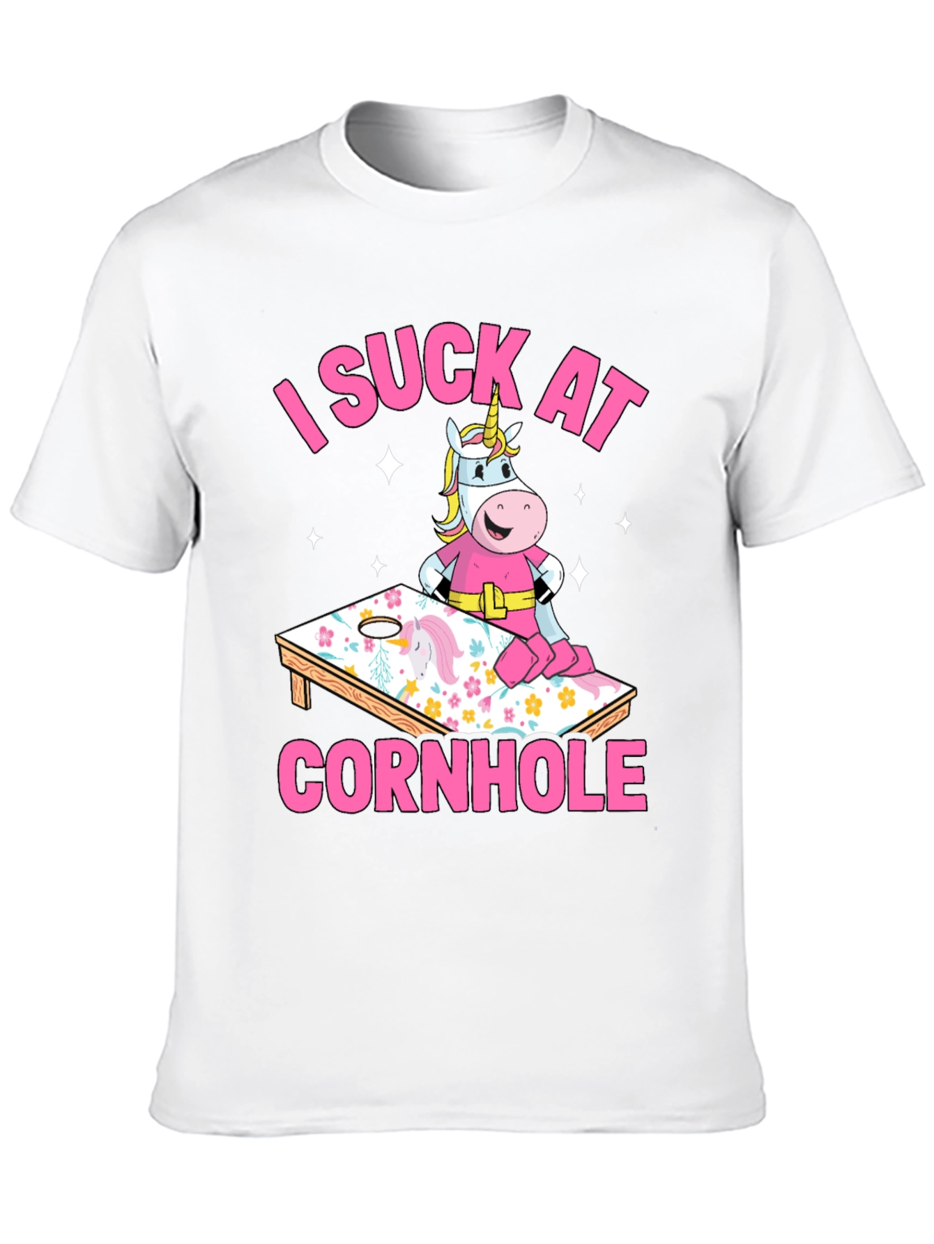 Black I Suck At Cornhole Unicorn T-Shirt view 10