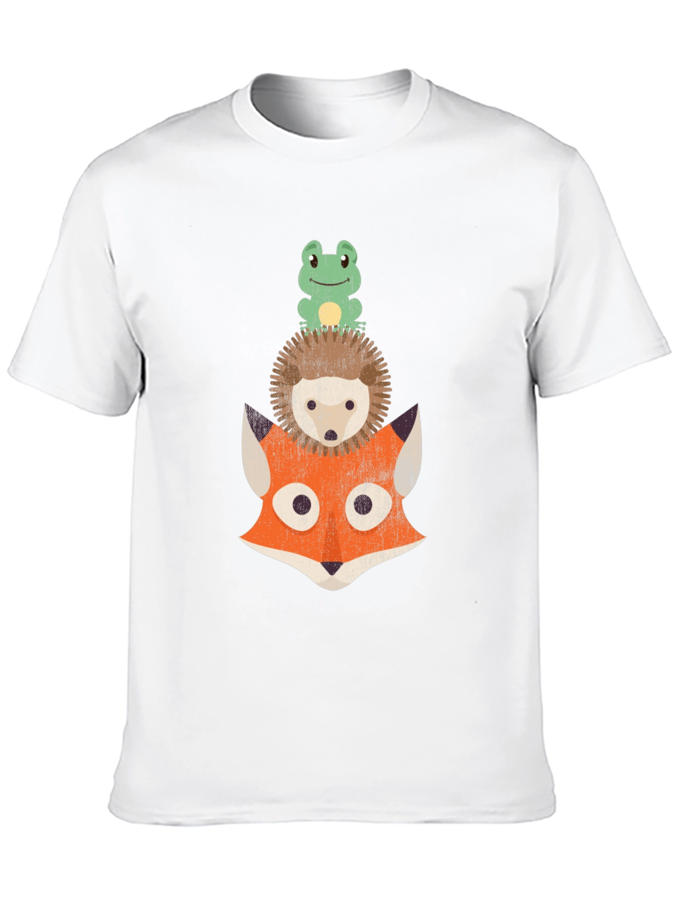Black Stacked Animal Tee: Frog, Hedgehog, and Fox Design T-Shirt view 10