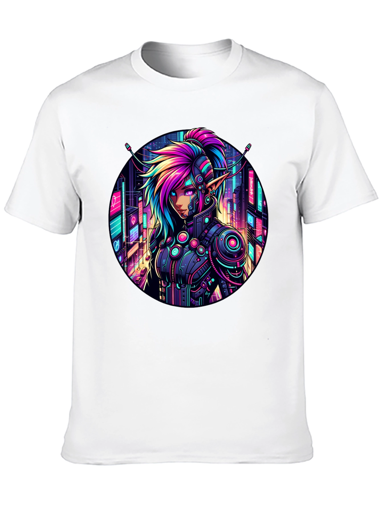 Black Cyberpunk Elf T-Shirt: Neon Cityscape Graphic Tee view 10