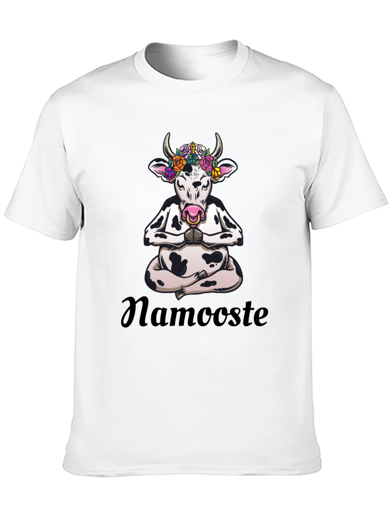 Black Namaste Cow T-Shirt: Meditating Cow with Flowers view 10